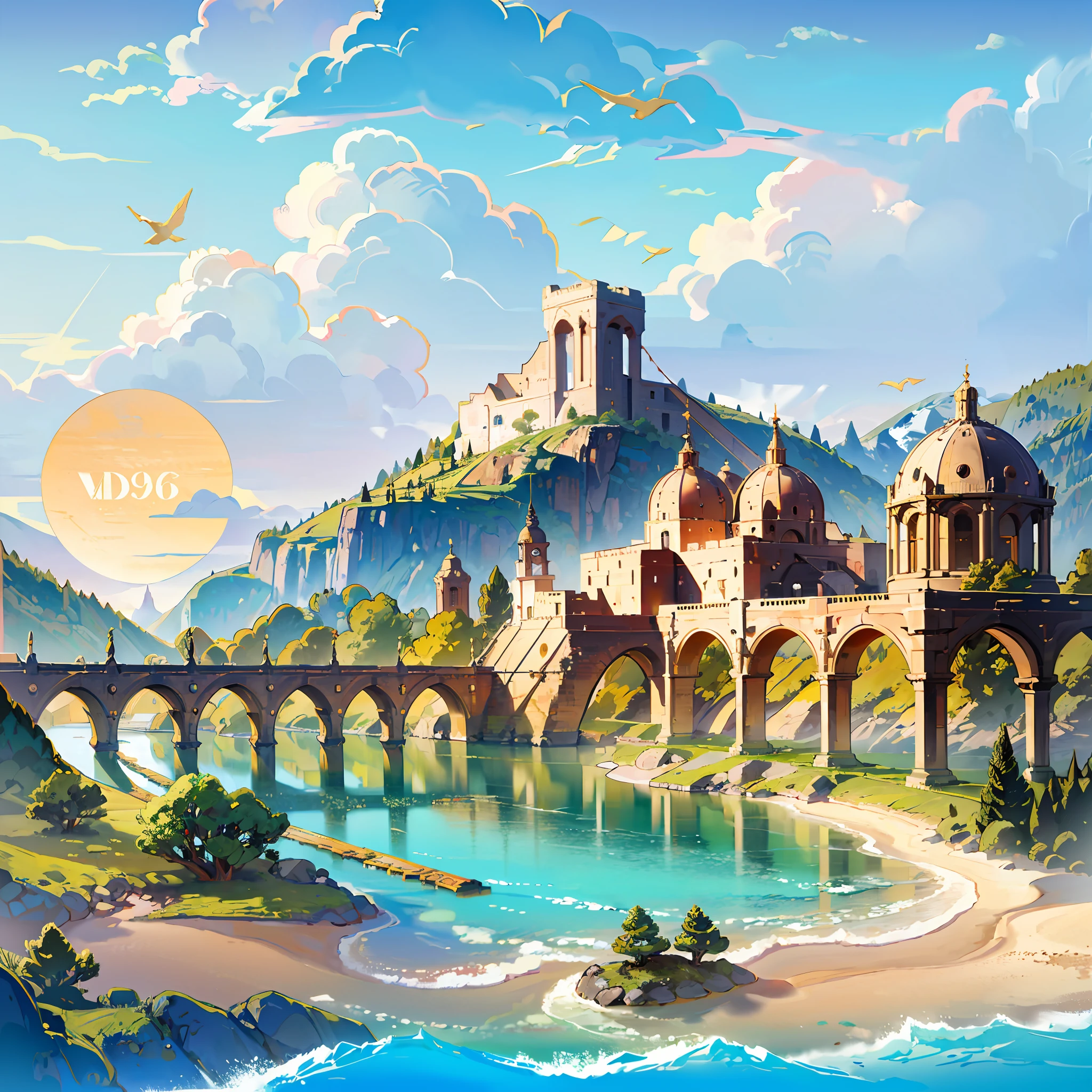 artwork, sun, ancient roman painting, ancient roman background, mountains, rivers, auspicious clouds, pavilions, sun, masterpieces, super detail, epic composition, ultra HD, high quality, extremely detailed, official art, unified wallpaper 8k, super detail, 32k -- v 6 --auto --s2