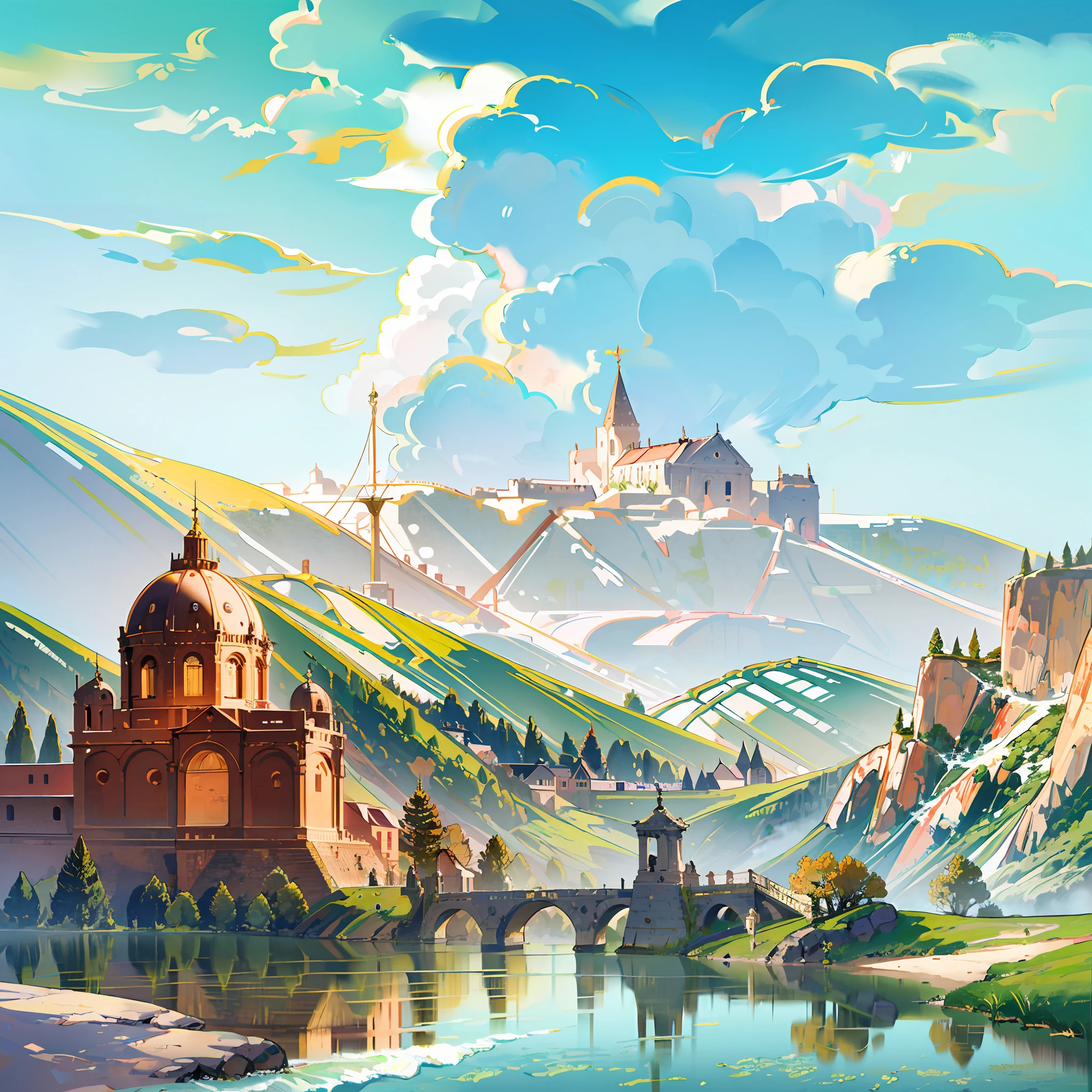 artwork, sun, ancient roman painting, ancient roman background, mountains, rivers, auspicious clouds, pavilions, sun, masterpieces, super detail, epic composition, ultra HD, high quality, extremely detailed, official art, unified wallpaper 8k, super detail, 32k -- v 6 --auto --s2