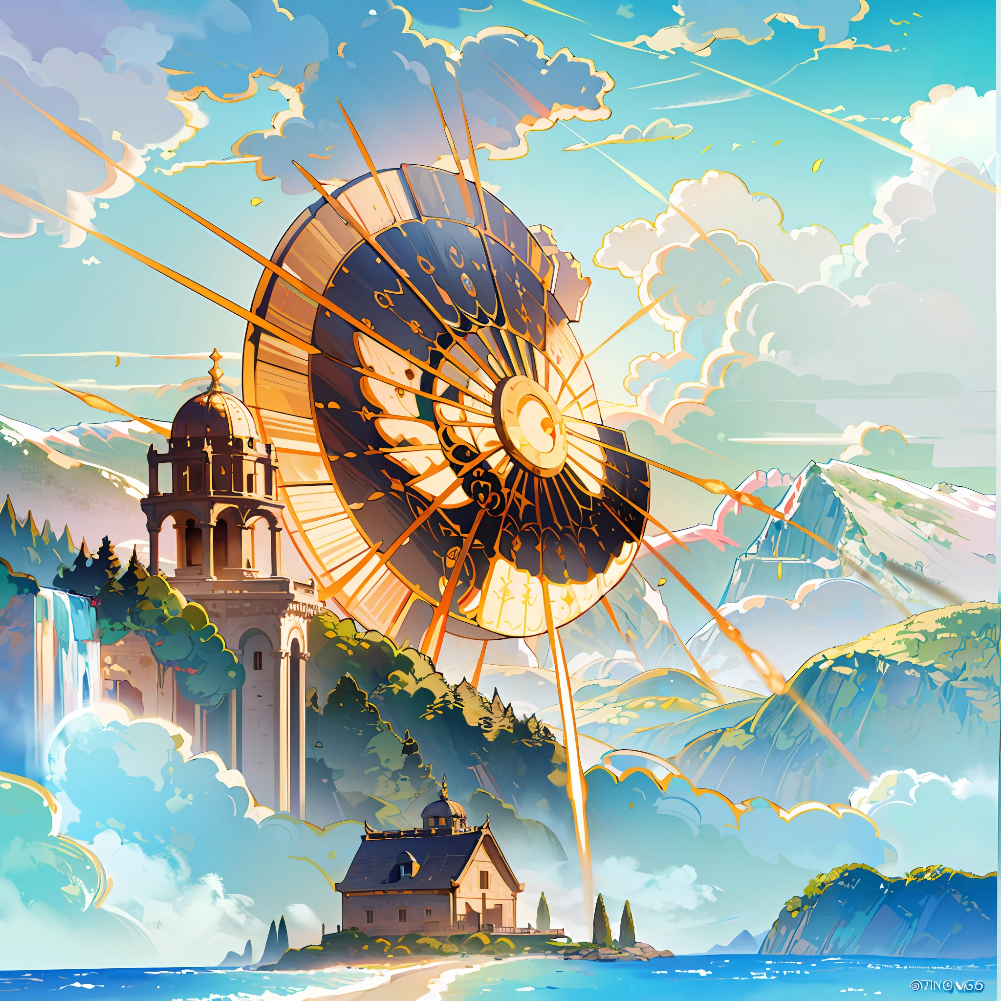 artwork, sun, ancient roman painting, ancient roman background, mountains, rivers, auspicious clouds, pavilions, sun, masterpieces, super detail, epic composition, ultra HD, high quality, extremely detailed, official art, unified wallpaper 8k, super detail, 32k -- v 6 --auto --s2