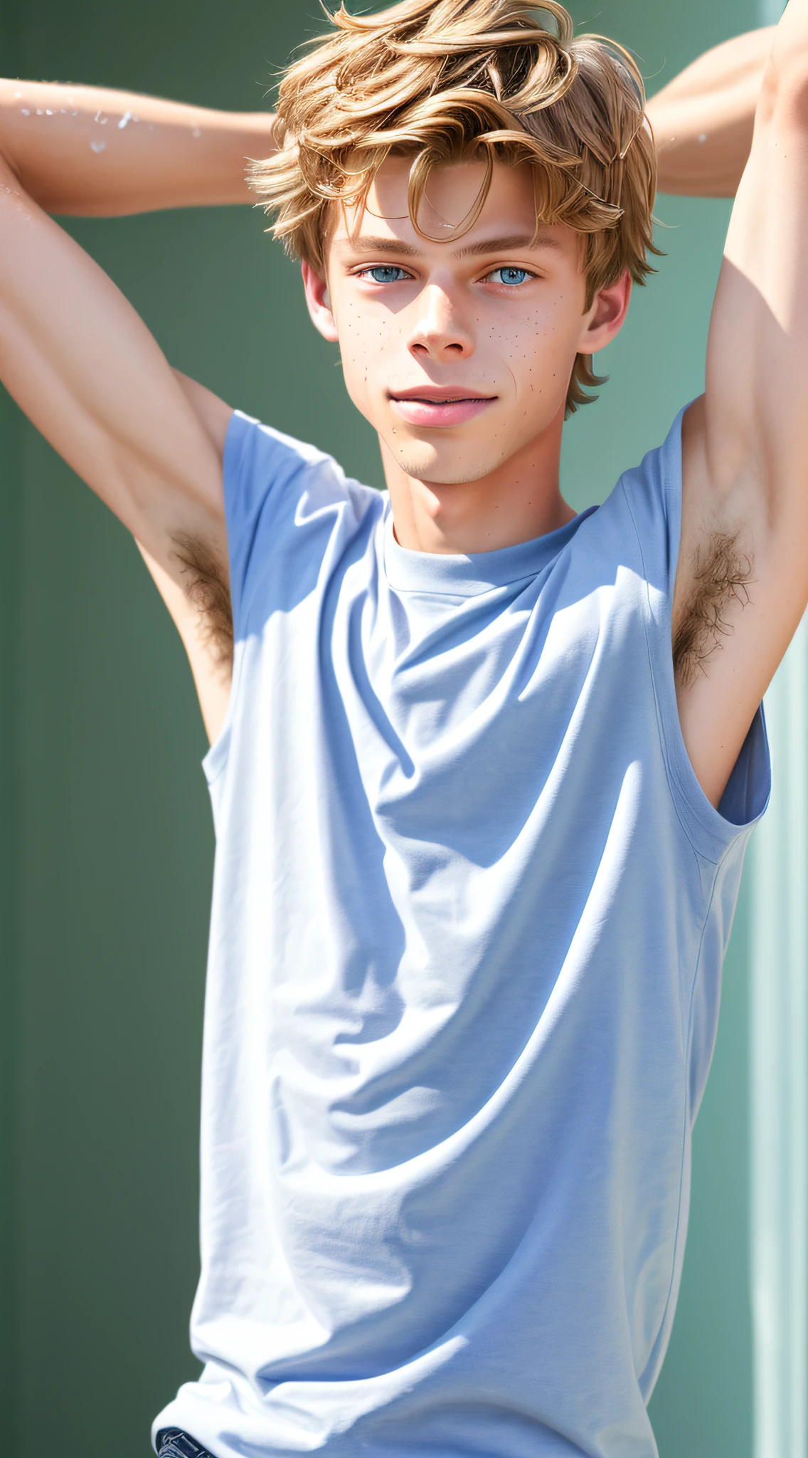jace norman, sweaty school teen boy, far from camera, shot from below, lower angle shot, confident boy, wet shirt, shirt wet from sweating, sweat stains, some lip hair, wispy mustache, wispy lip hair, (full body), braces, age 15, wavy tiktok hair, bare feet, wearing long t-shirt with large arm holes, hands behind head, short fine armpit hair, flexing, veiny arms, cute, tall, arms behind head, short wispy armpit hair showing, lean, not muscular, wispy pubes, teen boy masterpiece, high resolution, feet visible, no shoes, very dirty feet, skinny, tall, tall boy, teen boy, braces, tall boy, tall cute boy