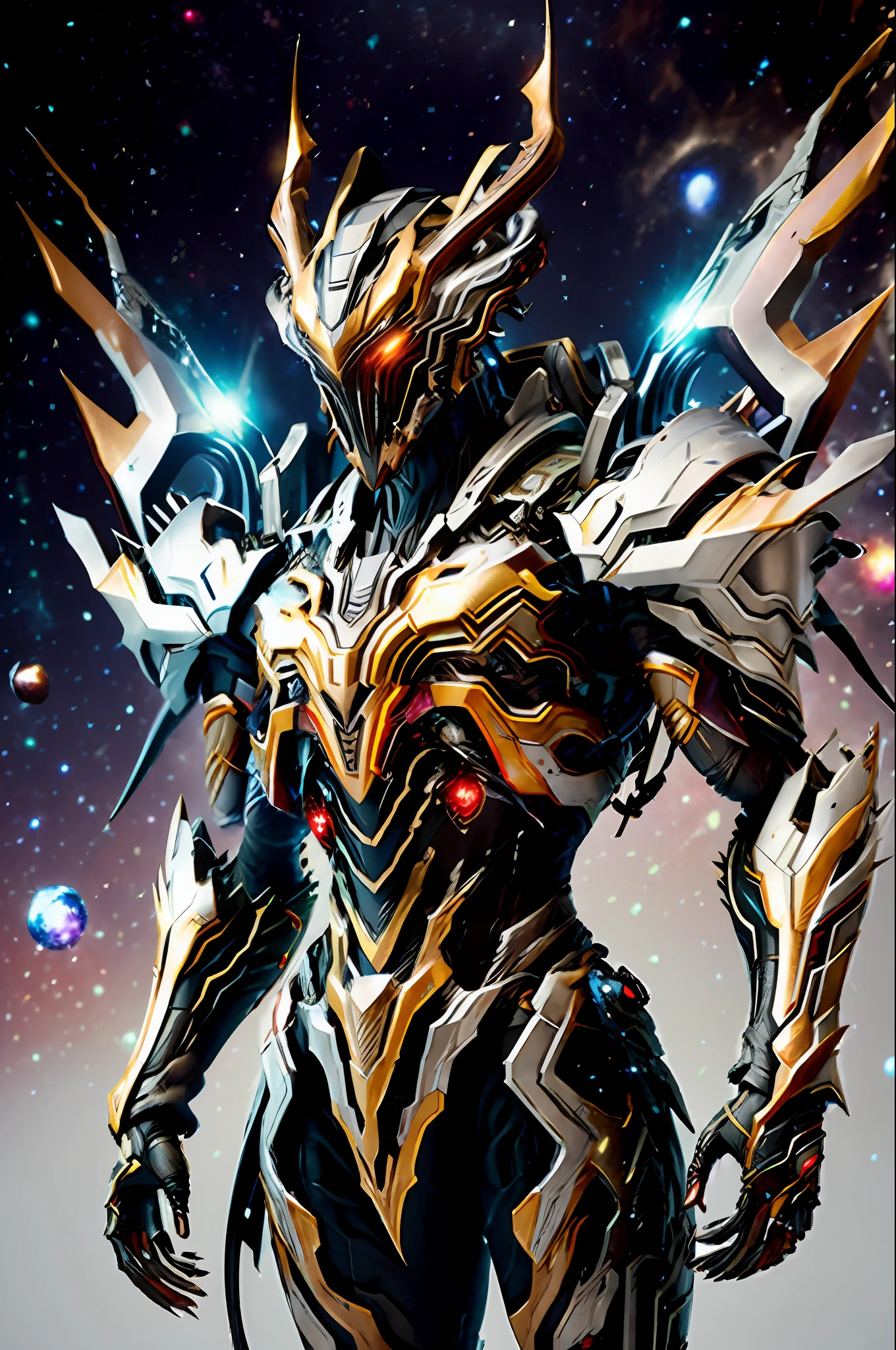 1 japanese, WARFRAME, prime,rhino prime,volt prime,saryn prime dynamic pose, intricate pattern, heavy metal, energy lines, faceless, glowing eyes, long silver hair, wind blown hair, elegant, intense, blood red and black uniform, bloody wings, solo, desert, sunny, bright, claws, dramatic lighting, (masterpiece:1.2), best quality, high resolution, beautiful detailed, extremely detailed, perfect lighting, zhongfenghua, from below(masterpiece, best quality, ultra-detailed, best shadow),(high resolution,distinct_image),extremely detailed CG unity 8k wallpaper, looking at viewer, Illustration,dramatic angle, robot, mecha, solo, small head, no humans, standing, science fiction, gradient, redesign, (big bang, space, cosmic, galaxy background:1.4), ((blue)),gem, crystal, white body, red, ((full body,long legs,small head, luminous crystal body)),flames wing, horns, white, (weapon), (mecha \(mjstyle\) ),