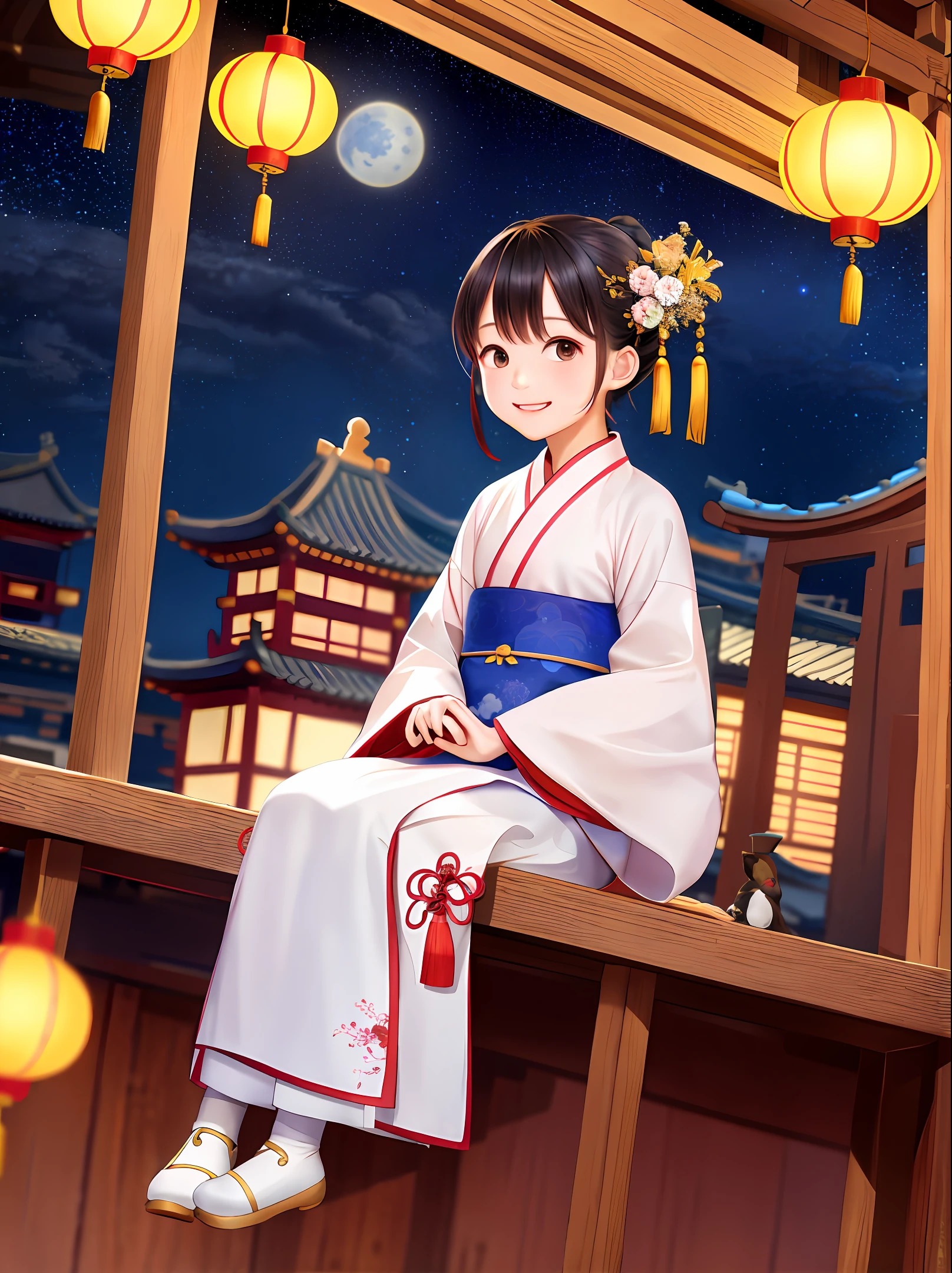 A cute Chinese girl in Hanfu is sitting on the roof looking at the stars, the crooked moon, the sky full of stars, beautiful, cute, smiling, the background is ancient Chinese architecture, street, lantern, bustling, Kong Ming lantern - niji 5