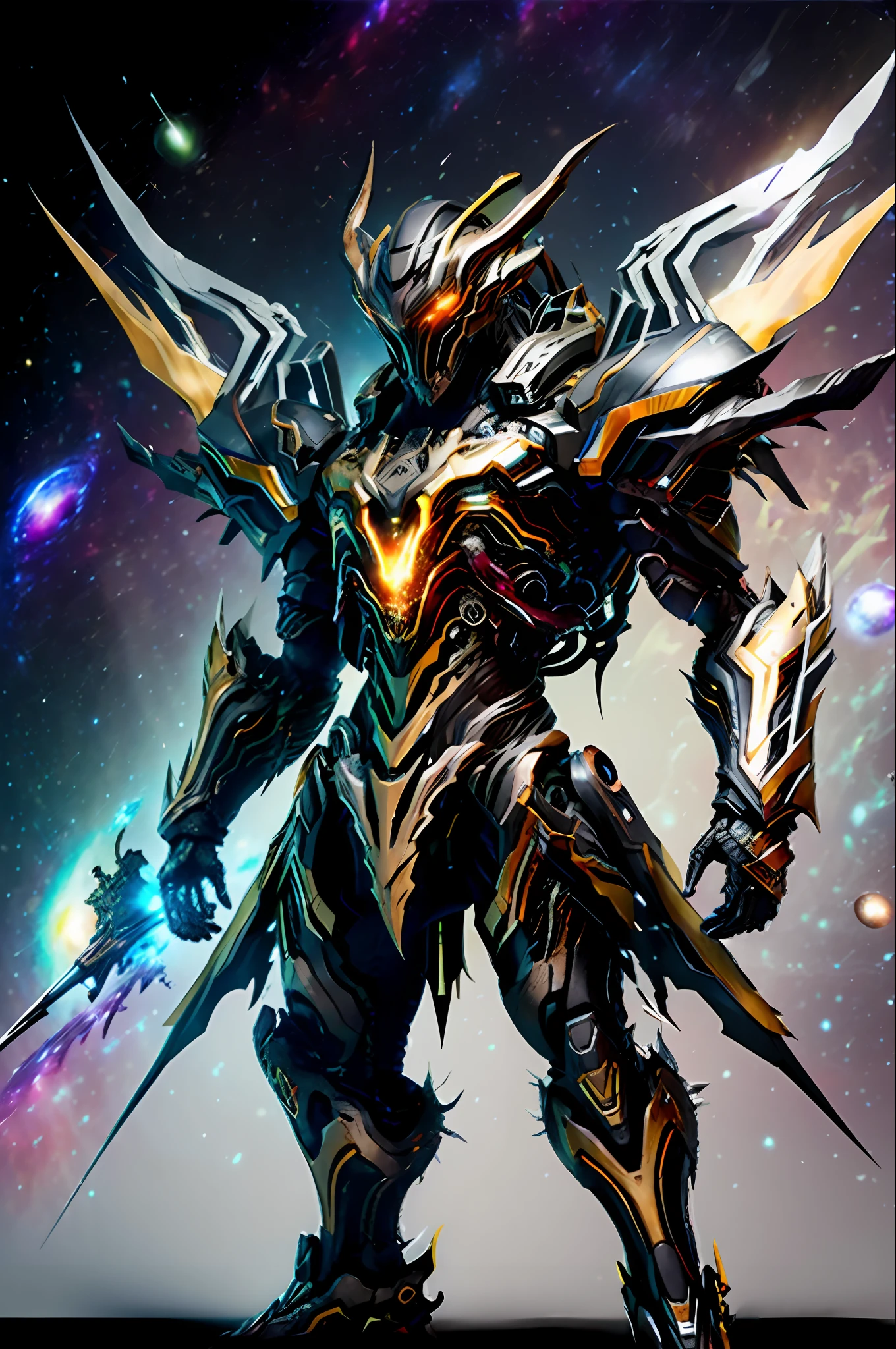 1 japanese, WARFRAME, prime,rhino prime,volt prime,saryn prime dynamic pose, intricate pattern, heavy metal, energy lines, faceless, glowing eyes, long silver hair, wind blown hair, elegant, intense, blood red and black uniform, bloody wings, solo, desert, sunny, bright, claws, dramatic lighting, (masterpiece:1.2), best quality, high resolution, beautiful detailed, extremely detailed, perfect lighting, zhongfenghua, from below(masterpiece, best quality, ultra-detailed, best shadow),(high resolution,distinct_image),extremely detailed CG unity 8k wallpaper, looking at viewer, Illustration,dramatic angle, robot, mecha, solo, small head, no humans, standing, science fiction, gradient, redesign, (big bang, space, cosmic, galaxy background:1.4), ((blue)),gem, crystal, white body, red, ((full body,long legs,small head, luminous crystal body)),flames wing, horns, white, (weapon), (mecha \(mjstyle\) ),