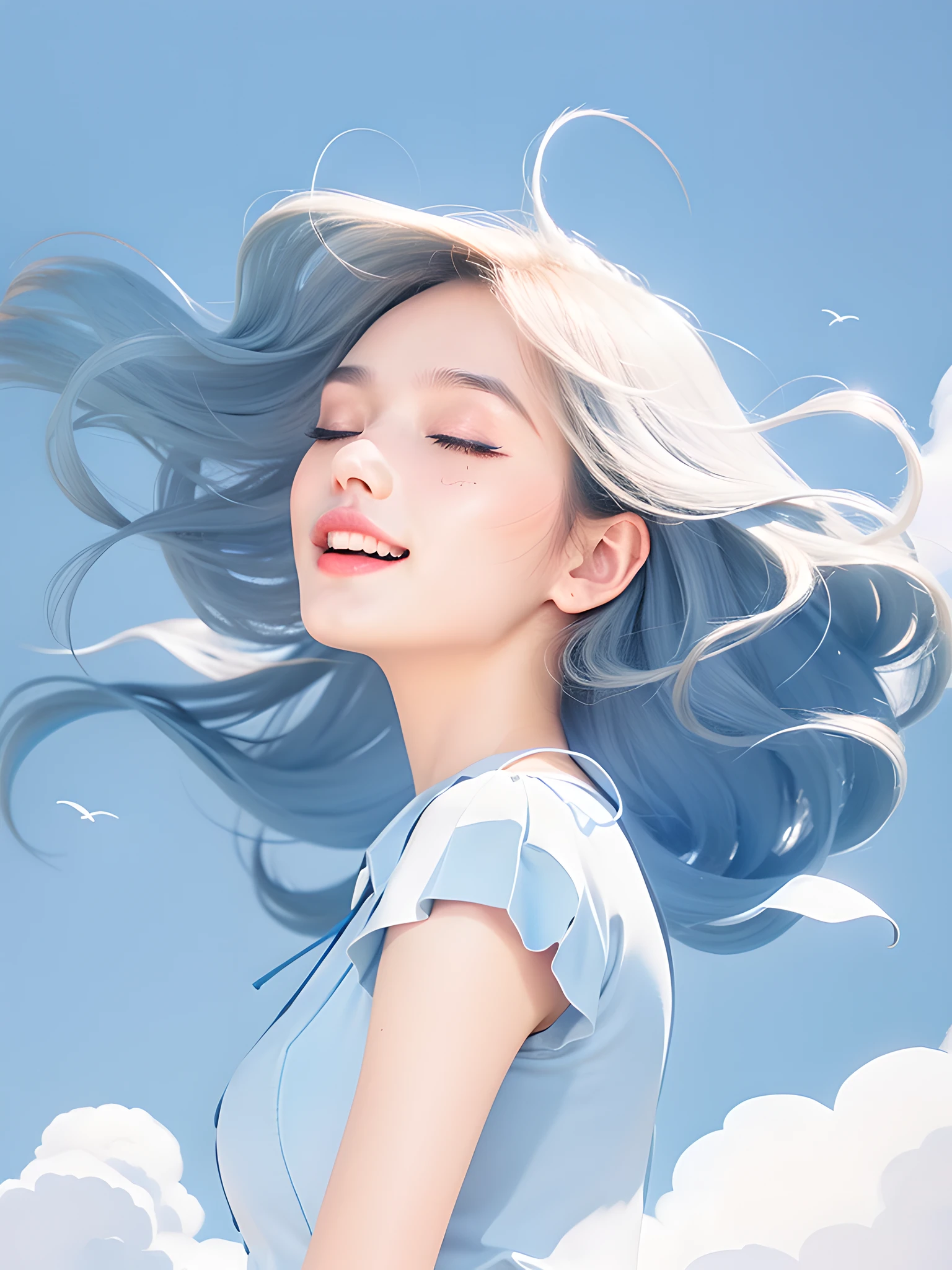 (photorealistic:1.4), best quality, masterpiece, ultra high res, 1girl, (detailed face:1.2), (detailed eyes:1.2), (detailed hair:1.2), (detailed clothes:1.2), 4k, blue sky, cloud, laughing, (makeup:1.2), (closed eyes)