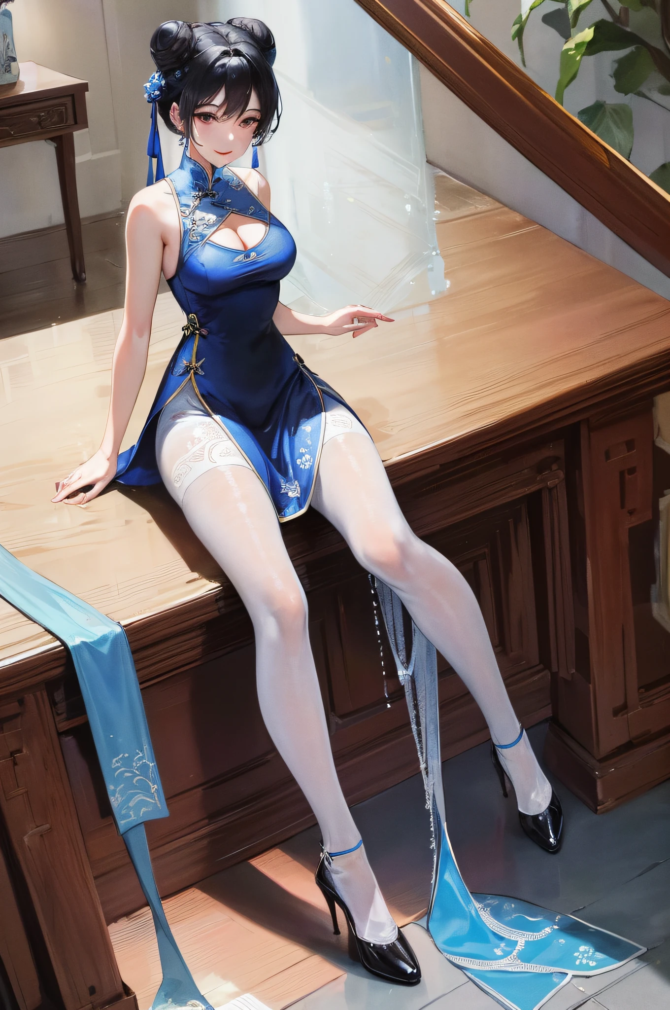 Masterpiece, Superb Product, 1 Woman, Blue Dress, Blue Cheongsam, Full Body Photo, Antique Chinese, White Cloth Bun Bun, Black Hair, Leaky Shoulders, Large Chest, Long Legs, Smile, Black Pantyhose, Pale Pink Lips, Embroidered Dress, Open, High Heels, Leaky Cleavage
