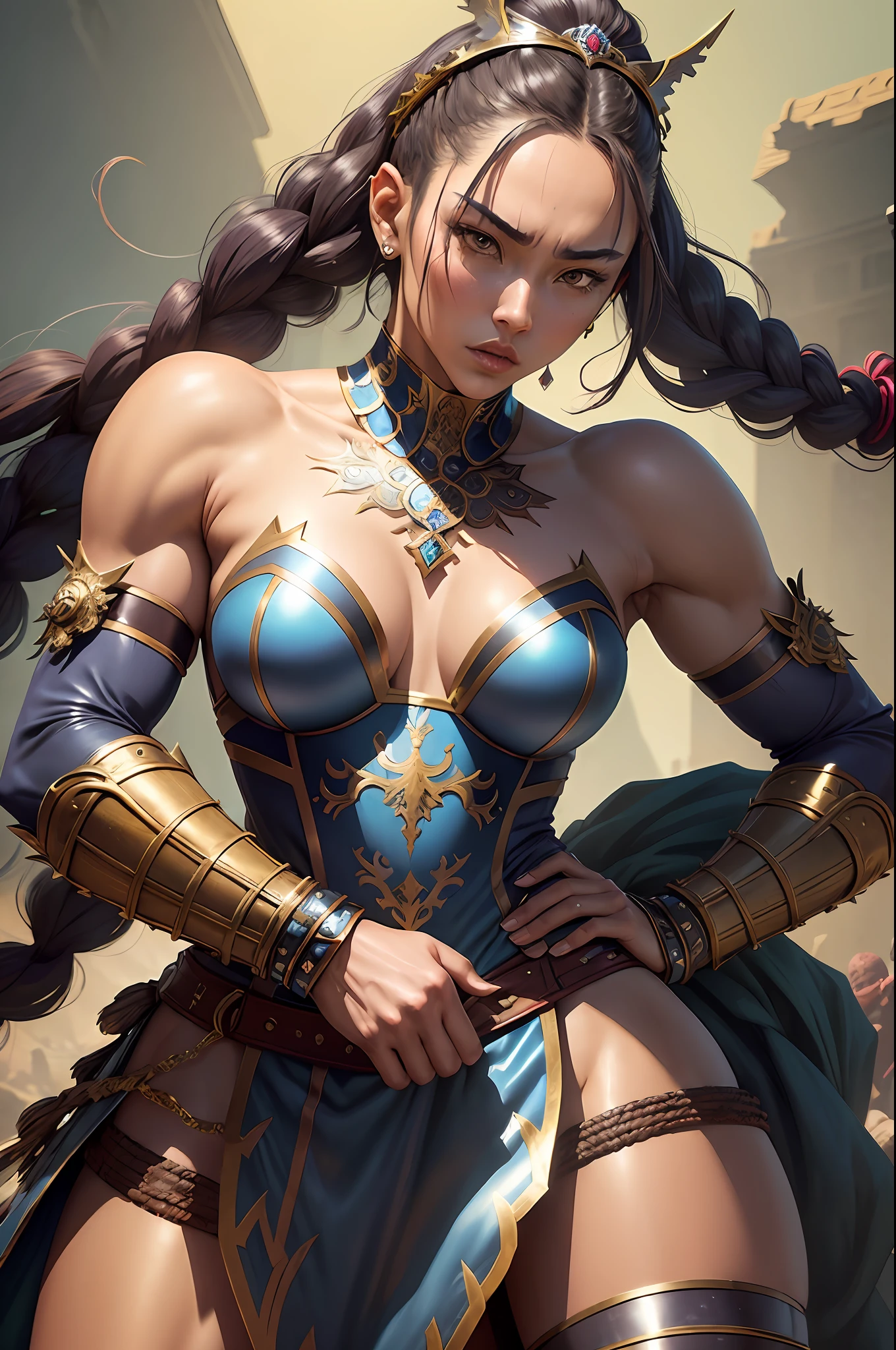 Muscular Japanese woman with dark hair with braids, (blue punk medieval armor). Bright chrome gold lingerie with sharp reflections. Gems. Bare shoulders. (Tiara). Muscle definition. Beautiful, shapely legs. Warrior princess. Detailed lighting. Artwork. Extreme beauty. Clothing with intense colored gradient effect. Professional image with high saturation. Professional camera. Illustration. Vibrant colors.