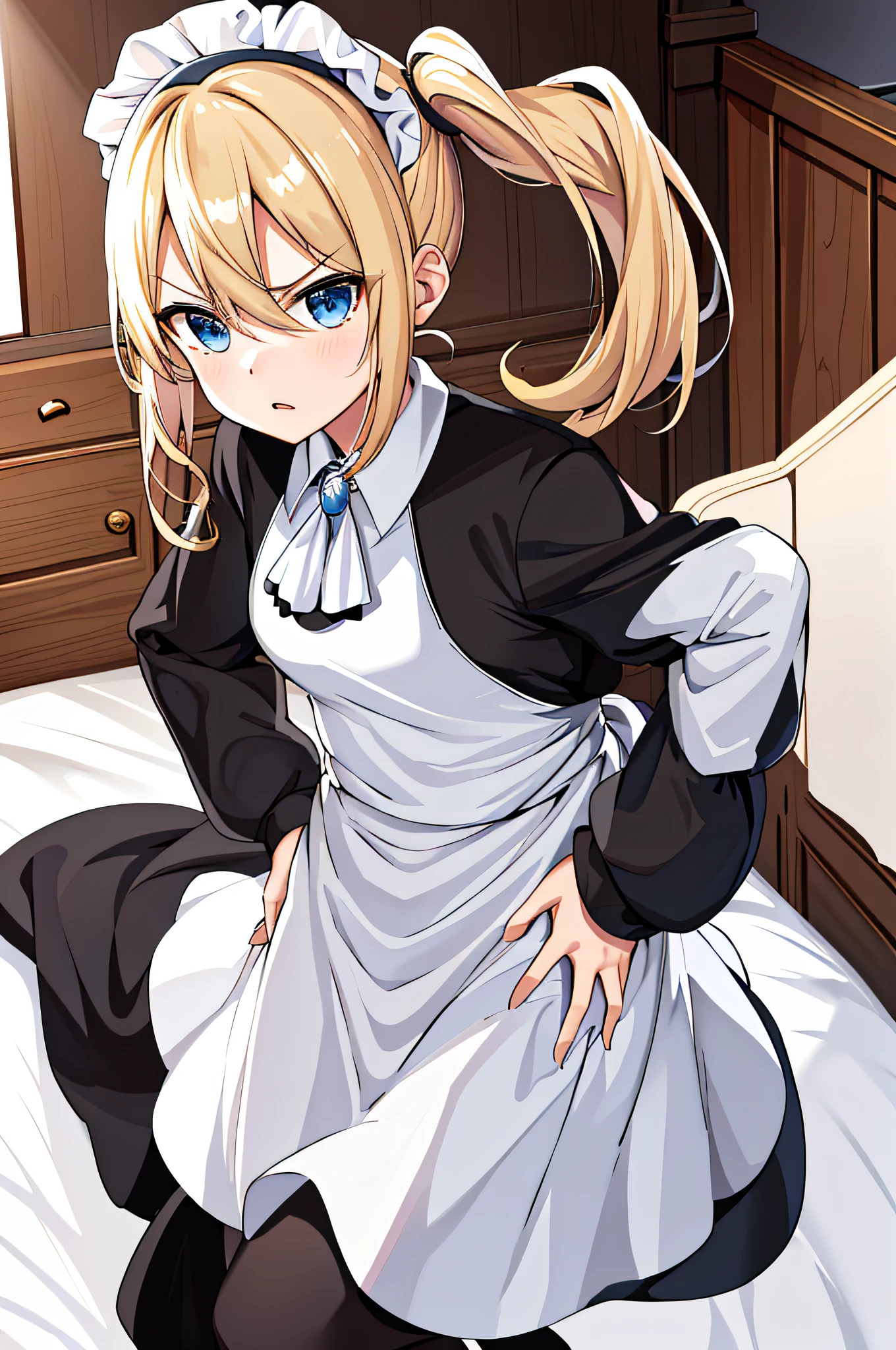 Master Peace, Best Quality, Highlight, 1 Girl, Ai Hasaka, Solo, Blonde, Maid, Blue Eyes, Side Ponytail, Hair Pinch, Hair Accessories, Blue Bondage, Maid Headgear, Apron, Hair Between Eyes, Breasts, Long Sleeves, Bangs, White Shirt, Black Dress, Sideburns, Maid Apron, Black Pantyhose, Denim Shooting, Hands on Hips, Angry, Room, Bed, Standing, Loafers