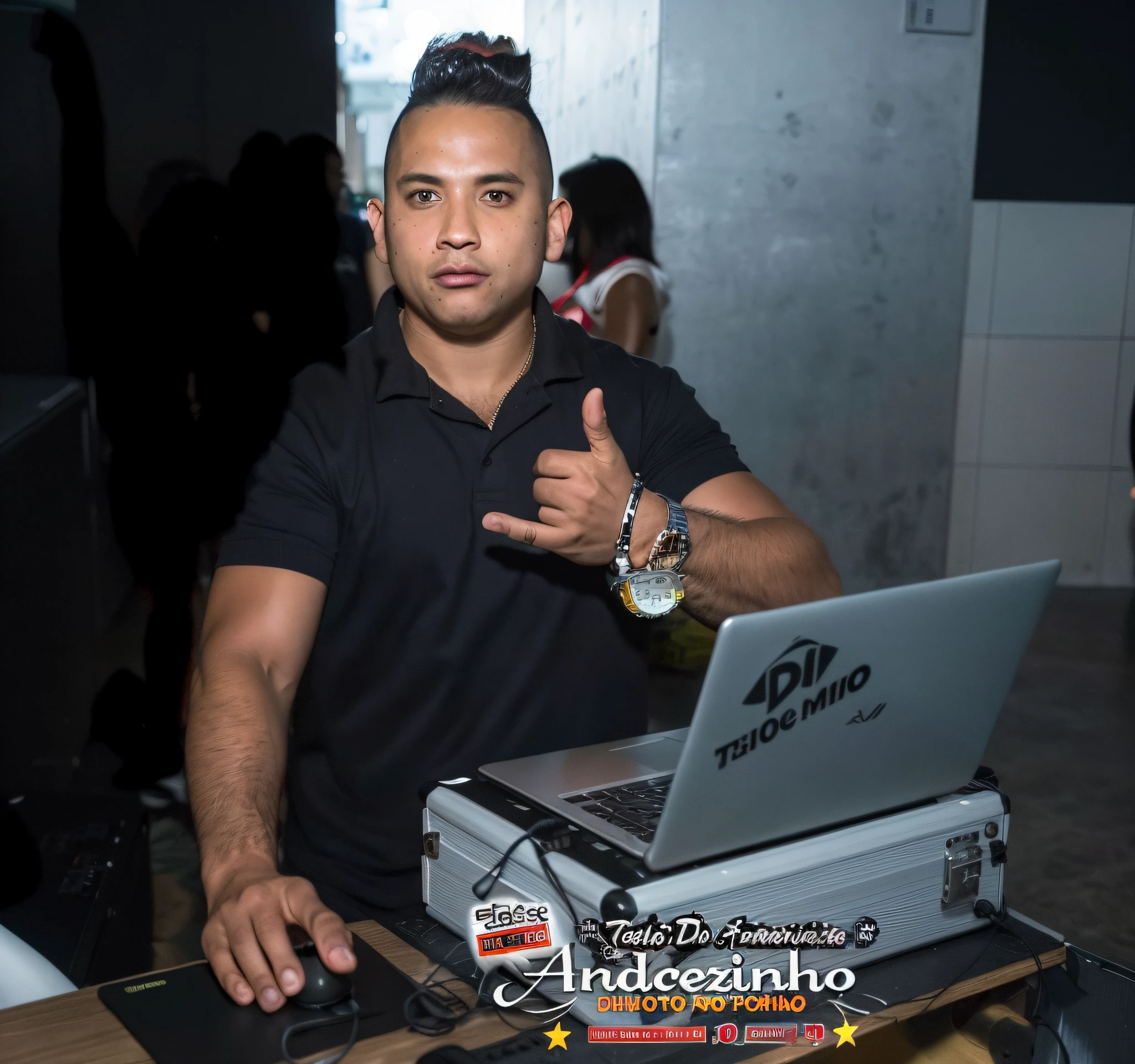 there is a man that is sitting at a table with a laptop, caio santos, andrea rocha, edu souza, looks like fabiula nascimento, dan dos santos, carmelo blandino, dj sura, dj set, joseph moncada, roge antonio, turntablism dj scratching, ronaldo nazario fenomeno, dj rave party