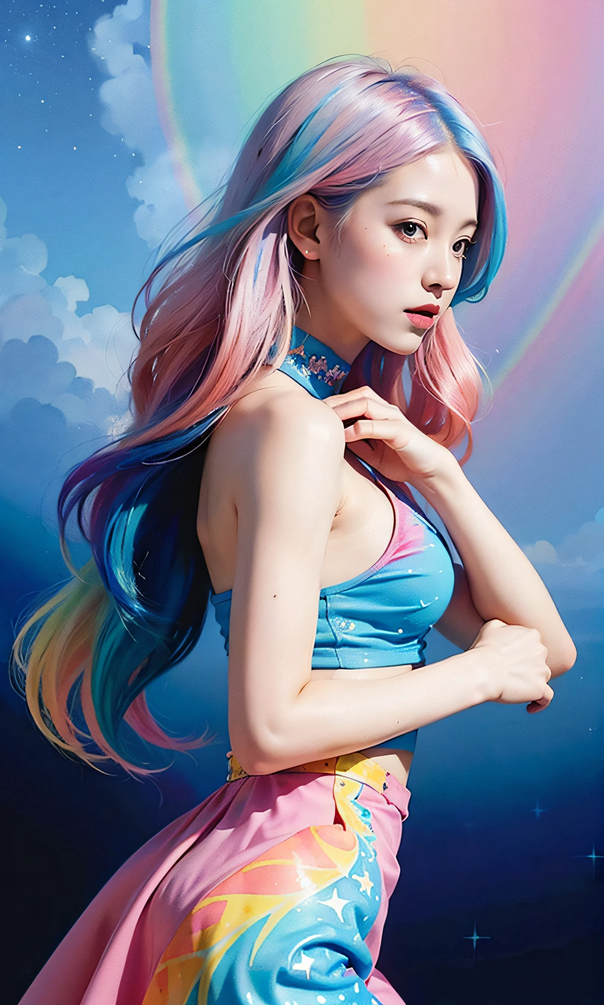 (masterpiece, top quality, best quality,watercolor (medium),official art, beautiful and aesthetic:1.2),(1girl:1.3), (fractal art:1.3),upper body, from side, looking at viewer,patterns,(rainbow color Hair,colorful hair,half blue and half pink hair:1.2),water,liquid, cloud,colorful, starry,stars,