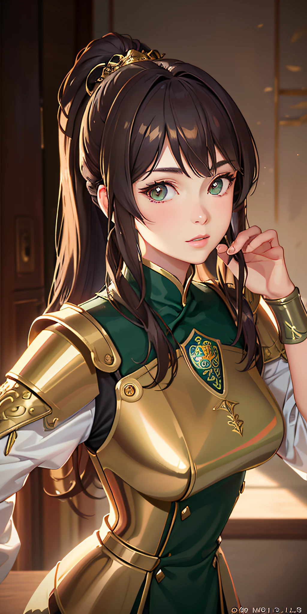 (Photorealistic: 1.4), (Masterpiece, Side Light, Elaborate Eye: 1.2), Masterpiece* Portrait, Realistic Kei, Three-dimensional Face, Shining Eyes, Glossy Hair, Glossy Hair, Glossy Skin, Solo, Green Chinese Dress Armor, Brown Hair, Kanzashi, Ponytail, Medium Hair, Golden Light Armor, Golden Armor Breastplate