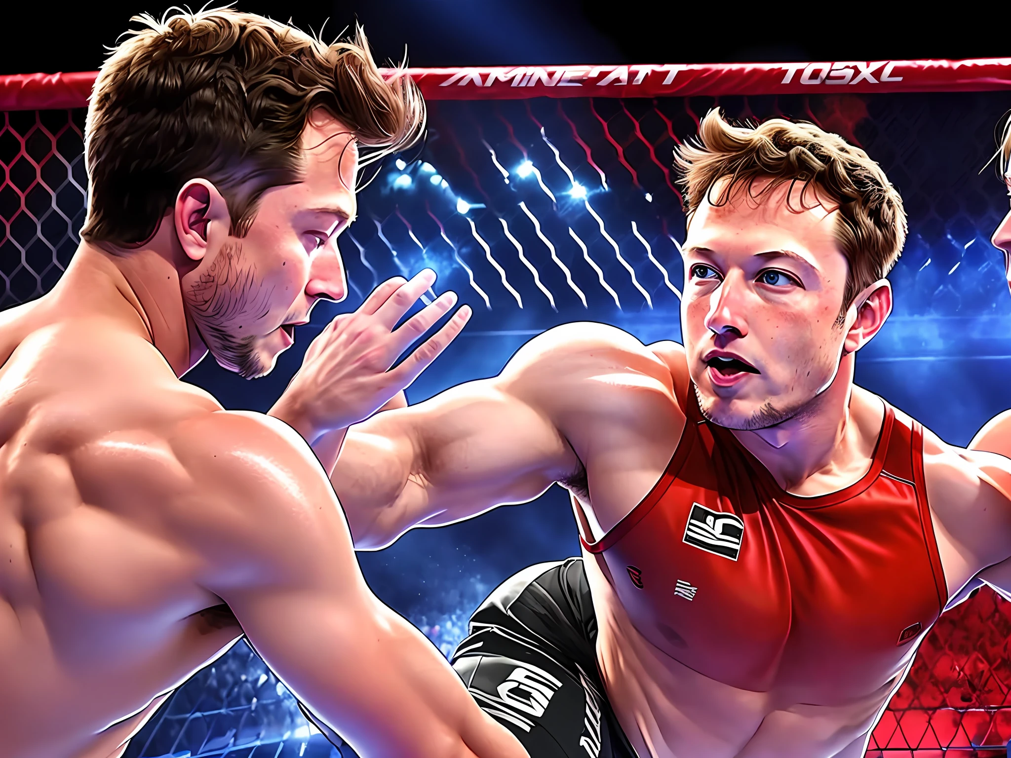 Elon musk and Mark Zuckerberg fighting on MMA stage --auto --s2