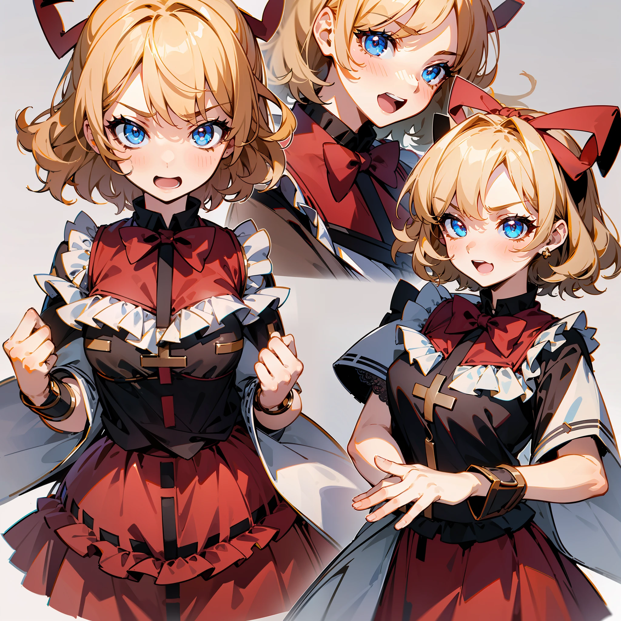 Masterpiece: 1.6, best quality: 1.4, live image: 1.2, intricate details: 1.2, charturnerv2: 1.2, 1lady full body character change, Appearance: young: 1.25, thin: 1.3, blue eyes, medium breasts, detailed eyes, quality eyes, Clothing: black shirt, red skirt, bubble skirt Accessories: red bow, red ribbon, Hair: blonde hair, short hair, semi curly hair, natural, shiny skin, (single background, white background:1.8), transparent Background, multiple views, multiple views of the same character in the same outfit: 1.3., character sheet: 1.2, multiple facial expressions: 1.3, serious, happy, smile, angry, surprised, scared,,
