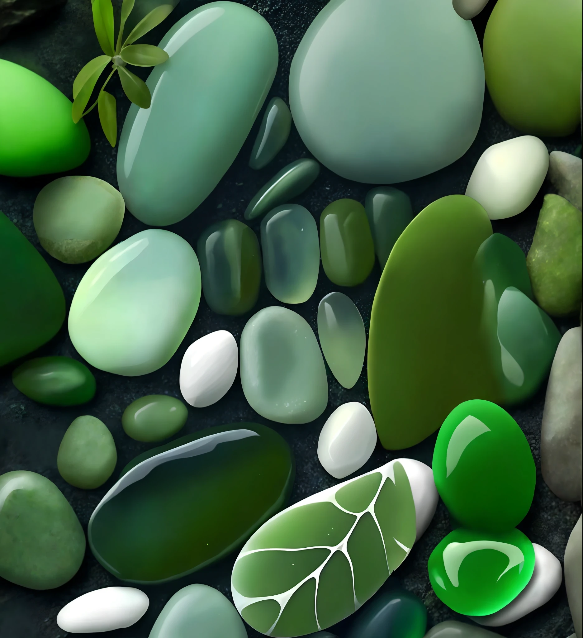 a close up of a bunch of green and white rocks and leaves, greenish colors, seaglass, green colors, green colours, moist mossy white stones, scales made of jade, glowing green rocks, shades of green, green tones, smooth rocks, jade, glass beads, acrylic art, green colored skin, sea green color theme, green tone, green sea