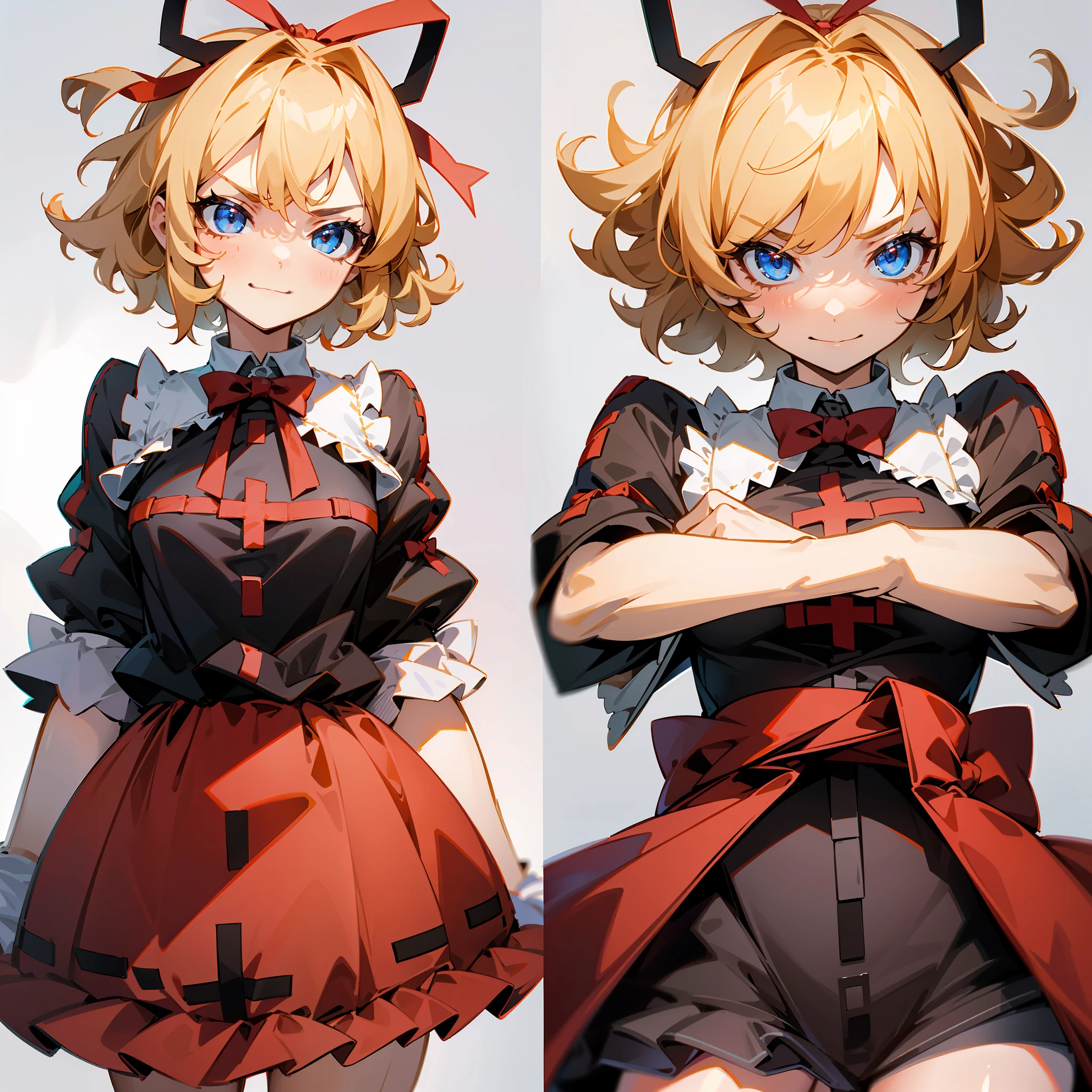 Masterpiece: 1.6, best quality: 1.4, live image: 1.2, intricate details: 1.2, charturnerv2: 1.2, 1lady full body character change, Appearance: young: 1.25, thin: 1.3, blue eyes, medium breasts, detailed eyes, quality eyes, Clothing: black shirt, red skirt, bubble skirt Accessories: red bow, red ribbon, Hair: blonde hair, short hair, semi curly hair, natural, shiny skin, (single background, white background:1.8), transparent Background, multiple views, multiple views of the same character in the same outfit: 1.3., character sheet: 1.2, multiple facial expressions: 1.3, serious, happy, smile, angry, surprised, scared,,