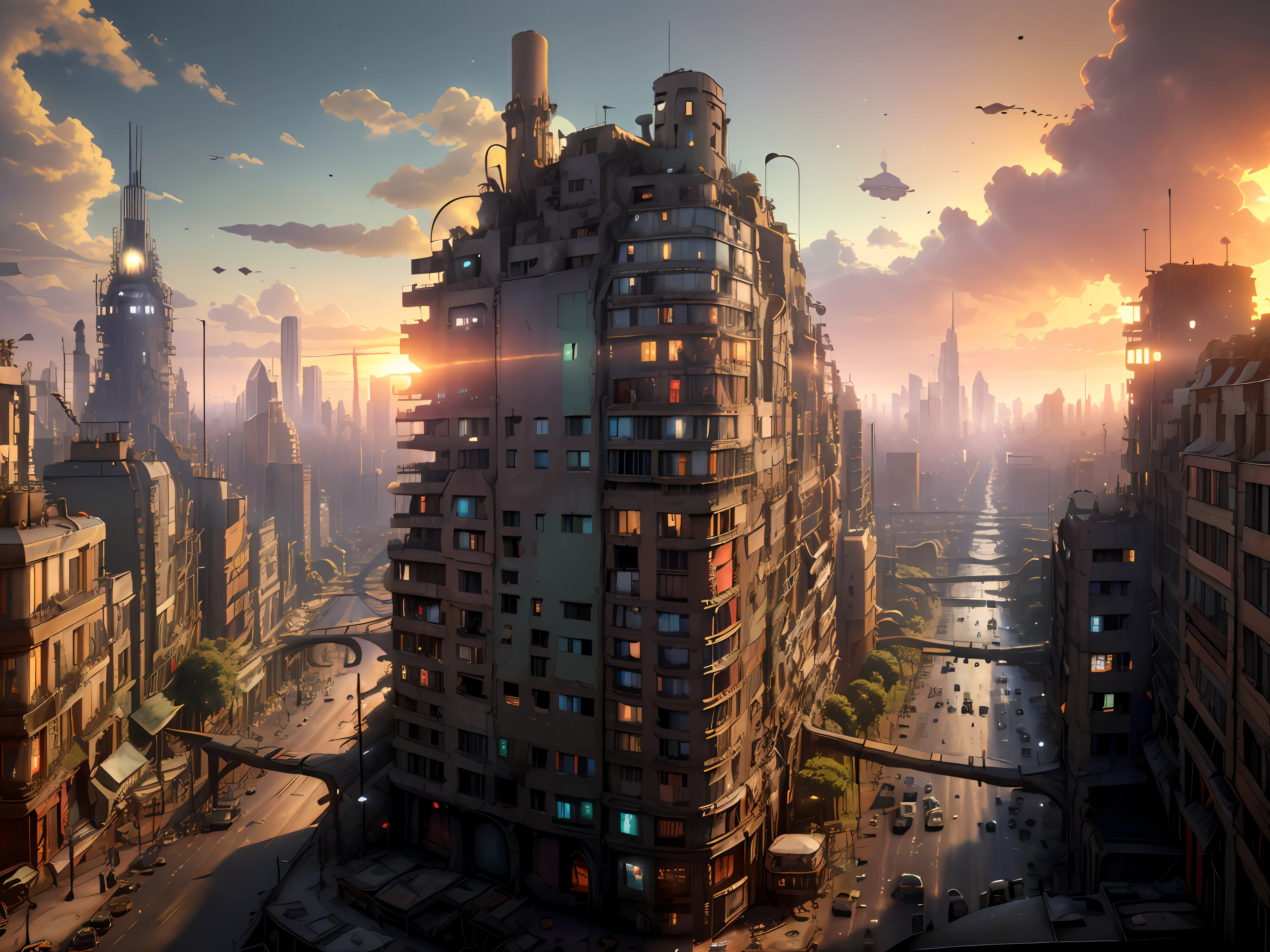 DieselPunkAI city, sunset, lots of wrecks, ((Top quality, 8k, Masterpiece: 1.3)), skycrapers, ((old parisian street, dirty: 1.3)), ((Camera above the horizon: 1.3))