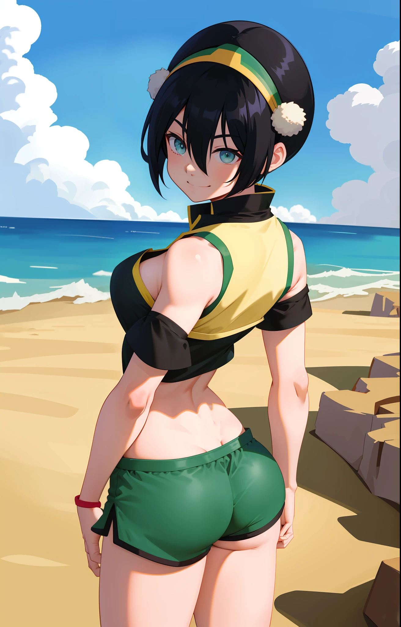 anime coloring pages, beach, blue sky, nature, 1girl, solo, black hair, hair band, short hair, hair between eyes, (blind: 1,2), green eyes, sports top, cleavage, (short shorts, black shorts), standing, back, smile, wide hips, firm ass