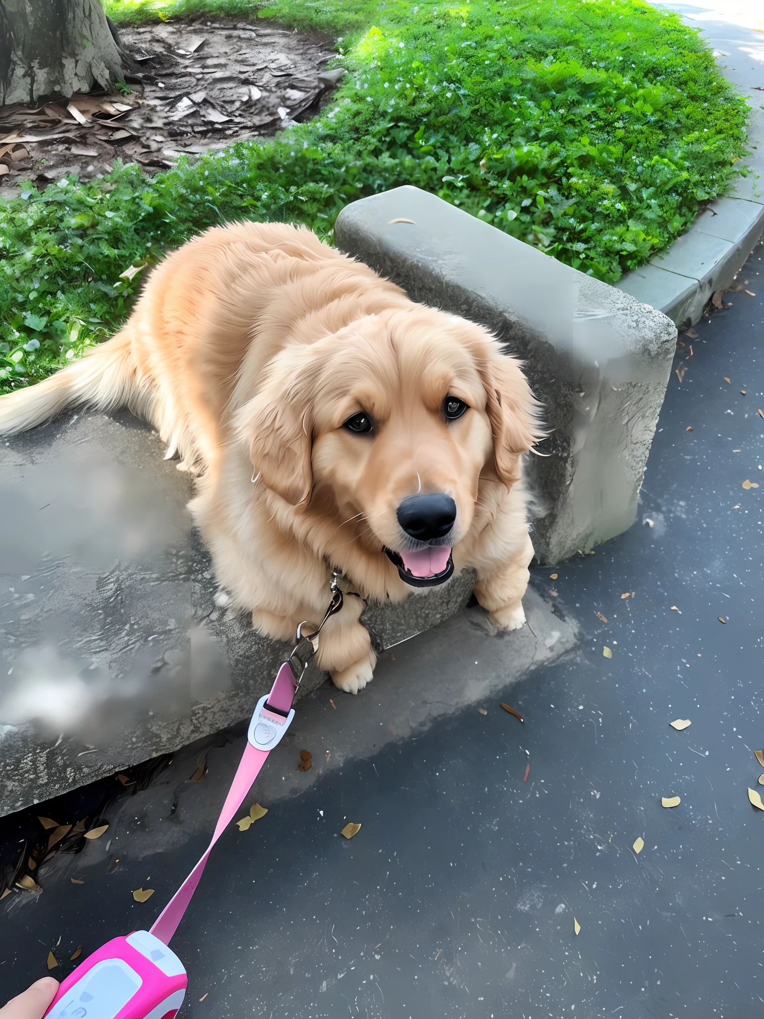 there is a dog that is standing on a leash by a person, golden retriever, at a park, help me, walking at the park, at the park, on the sidewalk, sitting on a park bench, very slightly smiling, very handsome, breed corgi and doodle mix, on sidewalk, retired barney, slightly golden, full of golden layers