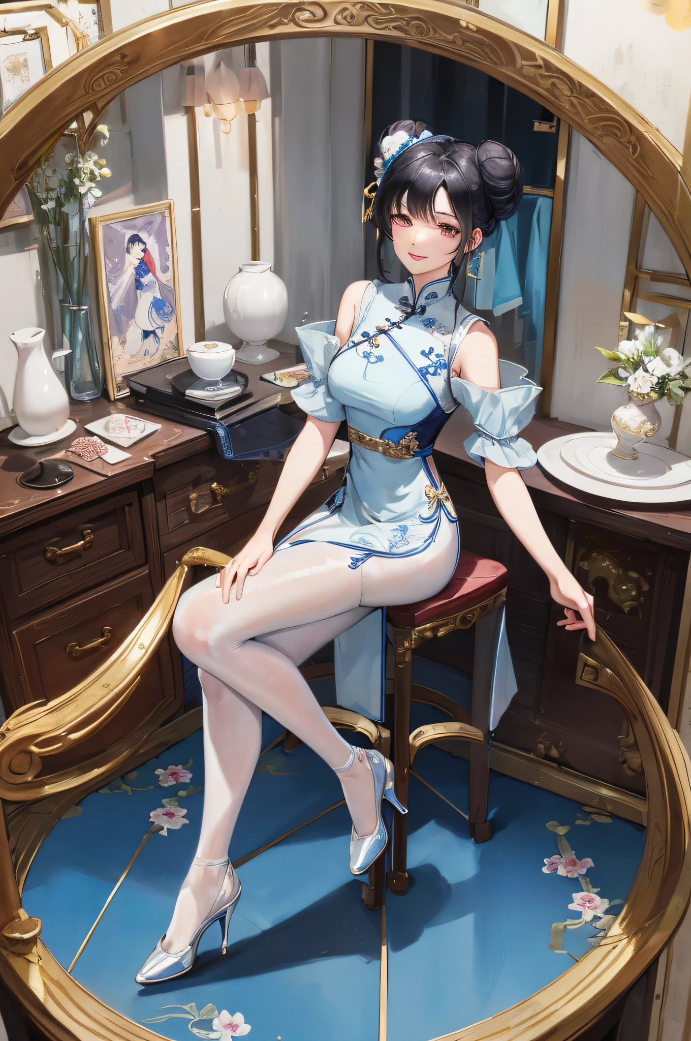 Masterpiece, Superb Product, 1 Woman, Blue Clothes, Blue Cheongsam, Full Body Photo, Antique Chinese, White Cloth Bun Bun, Black Hair, Leaky Shoulders, Large Chest, Long Legs, Smile, Black Pantyhose, Pale Pink Lips, Embroidered Clothes, High Heels