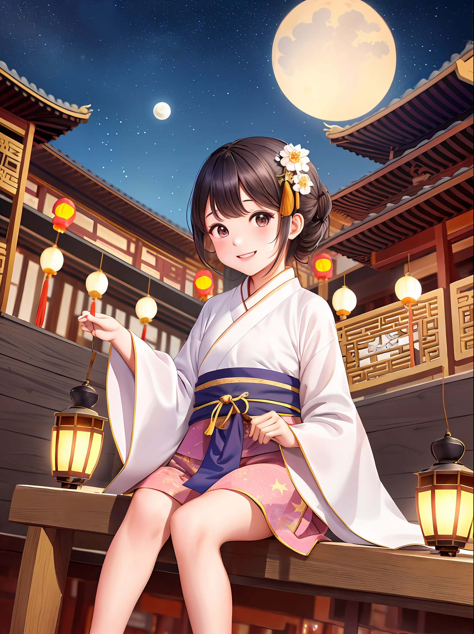 A cute little Chinese girl in Hanfu is sitting on the roof looking at the stars, the crooked moon, the sky full of stars, beautiful, cute, smiling, the background is ancient Chinese architecture, street, lantern, bustling, Kong Ming lantern - niji 5