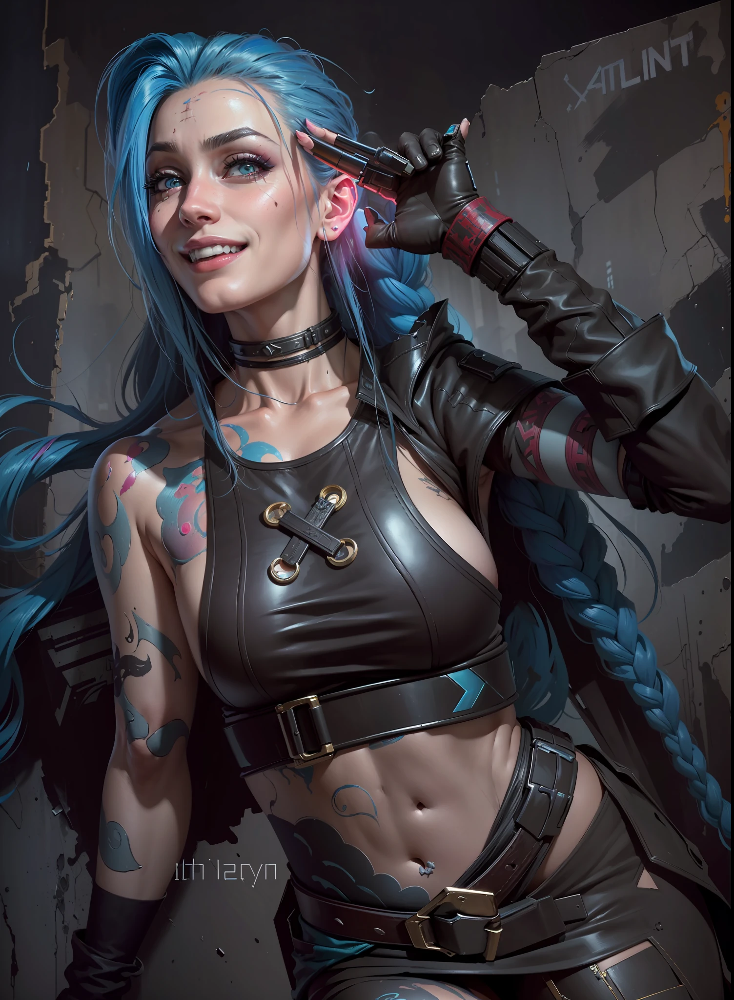 ((Best quality)), ((masterpiece)), (highly detailed:1.3), arcane style, comic style + hyper-realistic oil painting, full cinematic poster of Jinx from Acane in dynamic pose, Big smile. highly detailed, detailed face, realistic, Hot body, Nice boobs, NSFW. Background Dystopian and abandoned environment with graffiti on the walls at night , vibrant colors. Unreal engine 5
