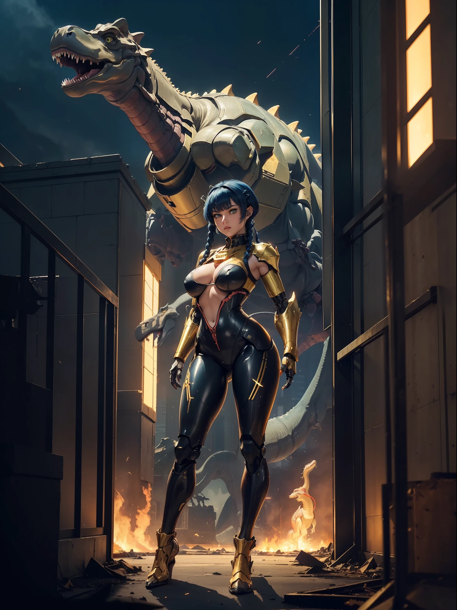 ((full body):1.5) (({1/woman}):1.2). Only {1/woman}:((Wearing black mecha with golden parts, extremely tight on the body):1.2). Only {1/woman} has ((very short blue hair with braids, green eyes):1.2). Only {1/woman} ((extremely large breasts):1.2) Only {1/woman}:((striking sensual poses for the standing viewer)). In a futuristic city completely destroyed with fire in the buildings and (((1 dino saurus tyrannosaurus rex robot):1.2)) of only {1/woman}. anime, anime style, 16k, ((high quality, high details):1.2), UHD, masterpiece