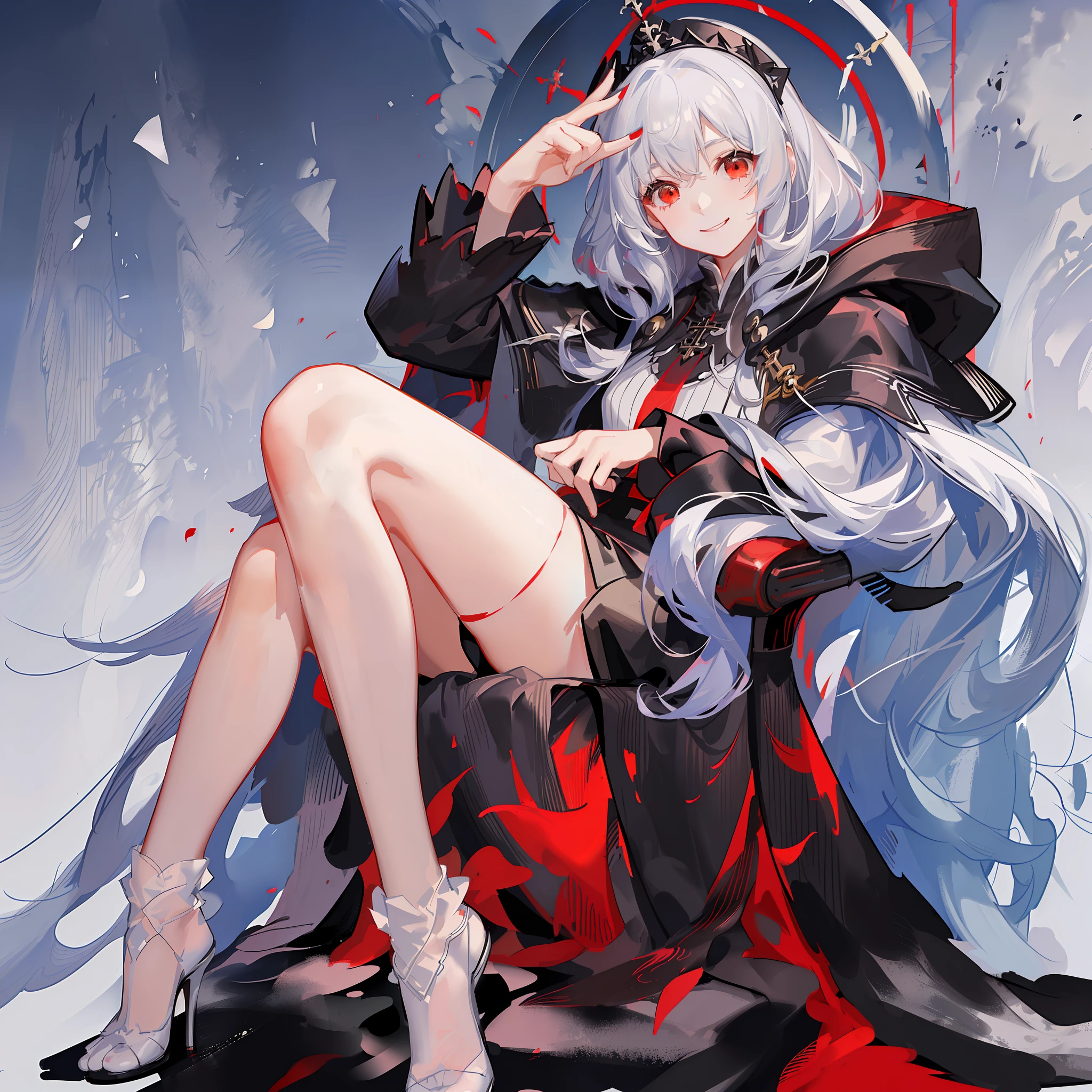 Maiden, white stockings, playful smile, round red thread striped road black robe, hood, cape, red eyes, long white hair, sitting on a black throne, full body, mage, holy girl