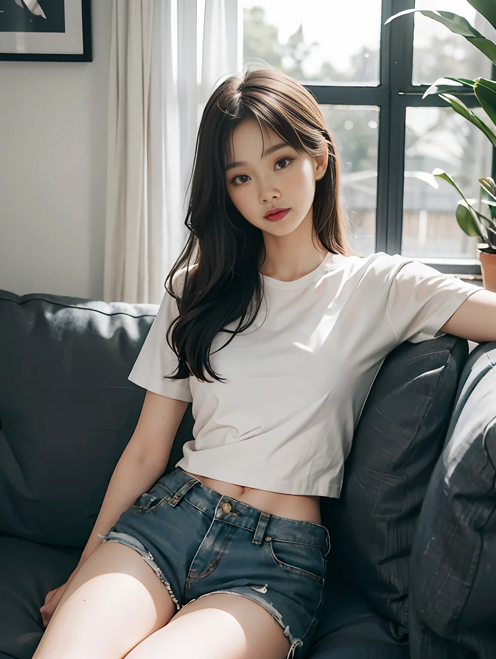 Raw photo, award winning, realistic,girl,age 22, sitting on sofa, full body, indoor,soft lighting, pale skin,petite body,Korean mix,insta pose, model shoot,white strip top,denim jeans, shorts, looking at viewer, indoor lighting, soft lighting, beautiful eyes,