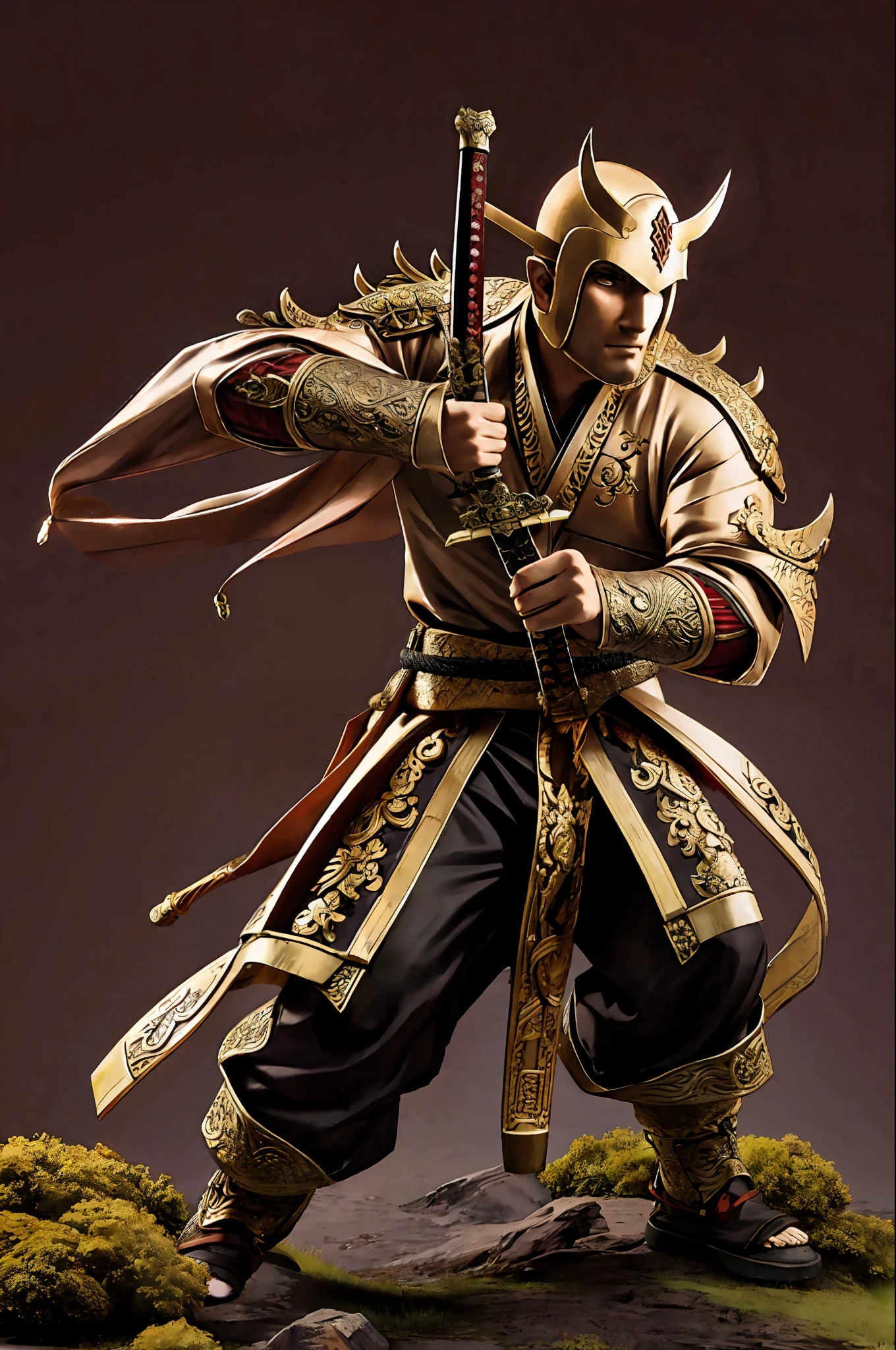 (best quality),  detailed background, oriental nobless,ghost man,combat arts, holding holding sword, oriental castle,oni, monster army