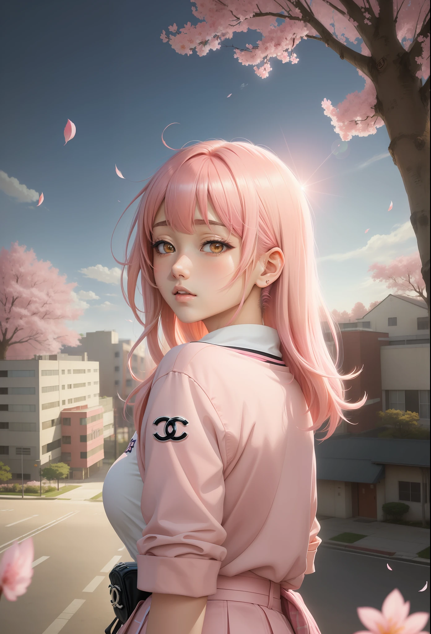 ((Anime style)), ((best quality)), ((masterpiece)), ((HDR+)), (best performance), (best lighting), (a college girl with pink Chanel hair with fringes), wearing a school uniform, in a [college road background on a Sakura tree falling petals], [Wlop], [Takehino Inoue], [Oh! Great]