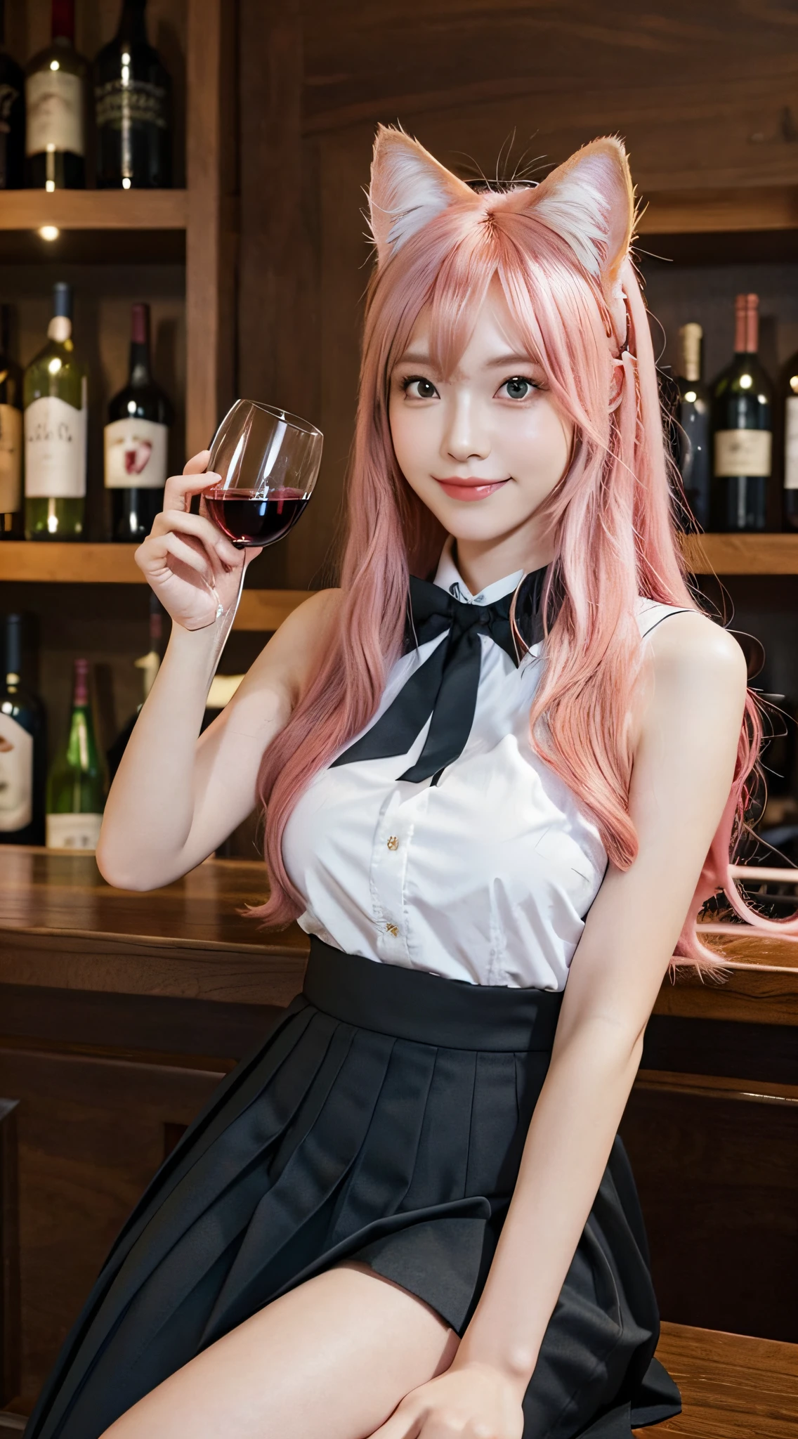 League of Legends Fox, super fine face, anime cat face, detailed eyes, pleated skirt, smile, holding a red wine glass, sitting at the bar bar, full body composition, cgsociety, cosplay, fantasy art, very beautiful cg anime cat girl, pink hair, pink fox ears, high quality fantasy stock photo, good figure, fantasy, fantastic crystal clear background, bokeh background, Unreal Engine, 3d rendering