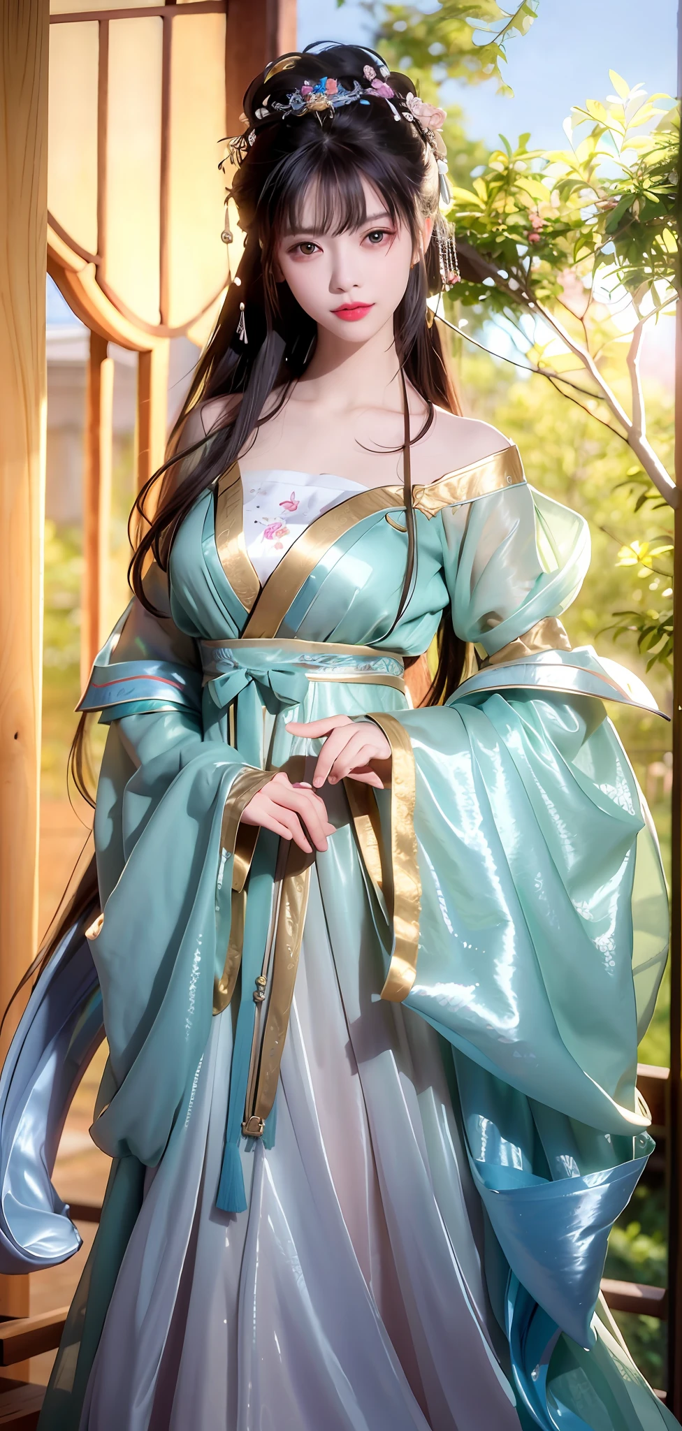 Best quality, pretty, pretty, pretty, pretty, extremely detailed, unity, 8k fine wallpaper, fine details, masterpiece, best quality, official art, very detailed, very ridiculous, high resolution, very beautiful, beautiful eye and face details, movie lights, 1 girl, perspective, looking at the audience, full body, full body photo, outdoors, hands behind your back, (Hanfu