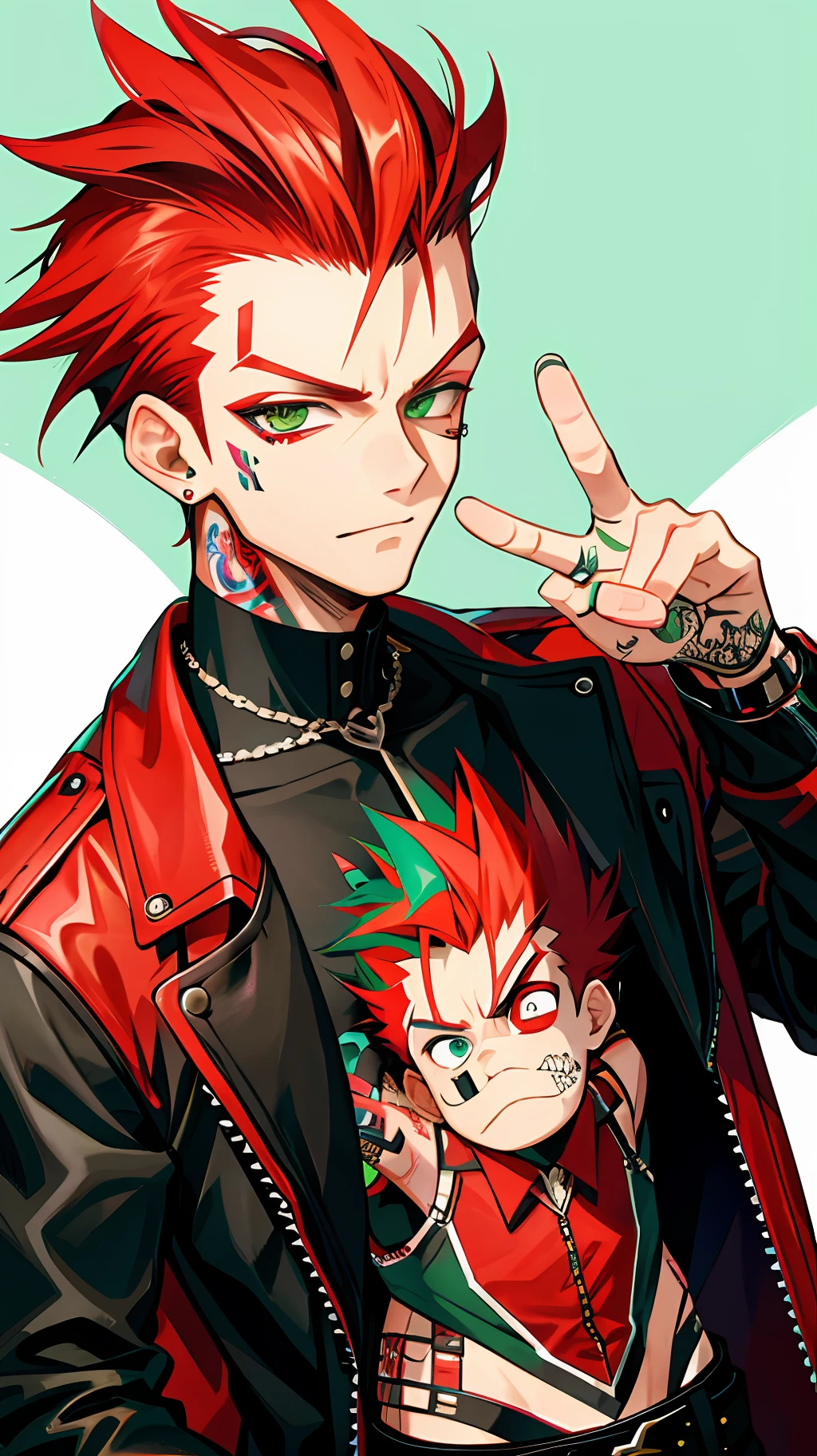 1 boy, cool boy, red hair, mohawk, tattoo, punk style, dark, green eyes, winking at viewer, half body, sticker