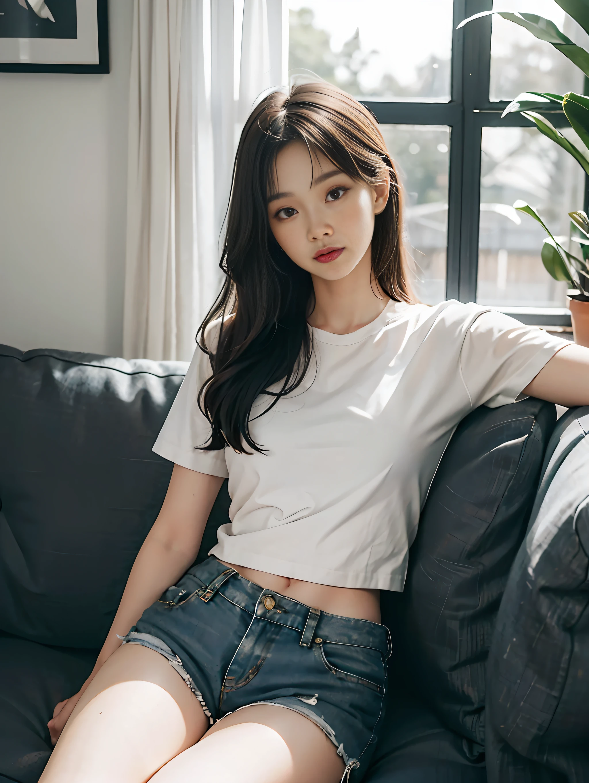 Raw photo, award winning, realistic,girl,age 22, sitting on sofa, full body, indoor,soft lighting, pale skin,petite body,Korean mix,insta pose, model shoot,white strip top,denim jeans, shorts, looking at viewer, indoor lighting, soft lighting, beautiful eyes,