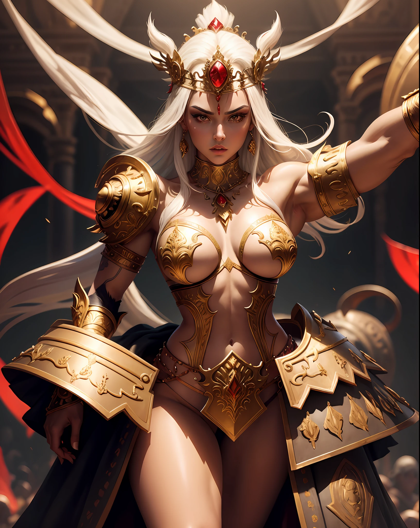 Front photo, full body, Muscular Caucasian woman with stylish white hair fastened with golden tiara, (red punk medieval punk armor). Gems. Bare shoulders. (Tiara). Muscle definition. Beautiful, shapely legs. Warrior princess. Detailed lighting. Artwork. Extreme beauty. Clothing with intense colored gradient effect. Professional image with high saturation. Professional camera. Illustration. Vibrant colors.