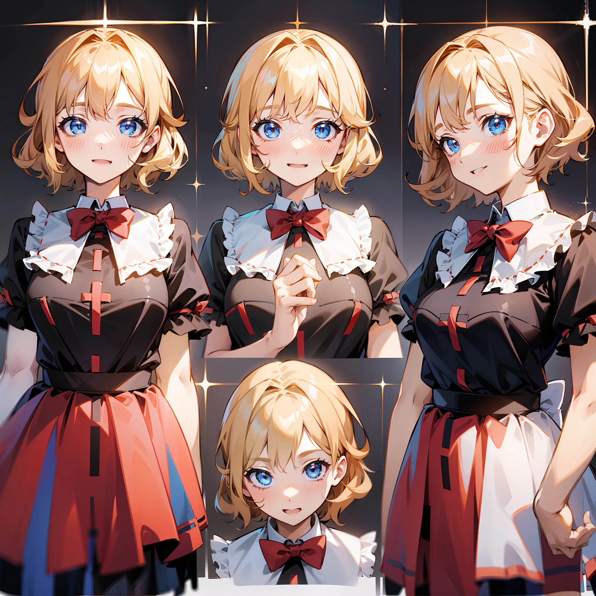 Masterpiece: 1.6, best quality: 1.4, live image: 1.2, intricate details: 1.2, charturnerv2: 1.2, 1lady full body character change, Appearance: young: 1.25, thin: 1.3, blue eyes, medium breasts, detailed eyes, quality eyes, Clothing: black shirt, red skirt, bubble skirt Accessories: red bow, red ribbon, Hair: blonde hair, short hair, semi curly hair, natural, shiny skin, (single background, white background:1.8), transparent Background, multiple views, multiple views of the same character in the same outfit: 1.3., character sheet: 1.2, multiple facial expressions: 1.3, happy, smile, surprised,