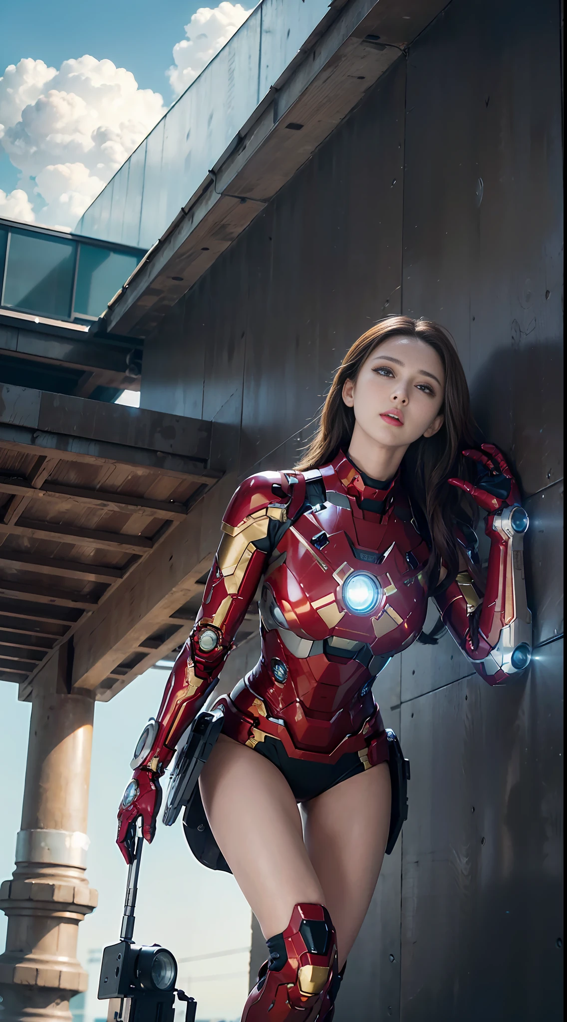 RAW, Masterpiece, Super Fine Photo, Scarlett Johansson's Face, Best Quality, Ultra High Resolution, Photorealistic Photorealism, Sunlight, Full Body Portrait, Amazing Beauty, Flying Pose, Delicate Face, Vibrant Eyes, She Wears Futuristic Iron Man Mecha, Red and Gold Color Scheme, Very Detailed Future Space Background, Detailed Face, Detailed Complex Background, Gorgeous, Highly Detailed Skin, Realistic Skin Details, Visible Pores, Sharp Focus, Volumetric Fog, 8K UHD, DSLR Camera, High Quality , film grains, fair skin, photorealism, lomography, huge metropolises in future dystopia , as seen from below,