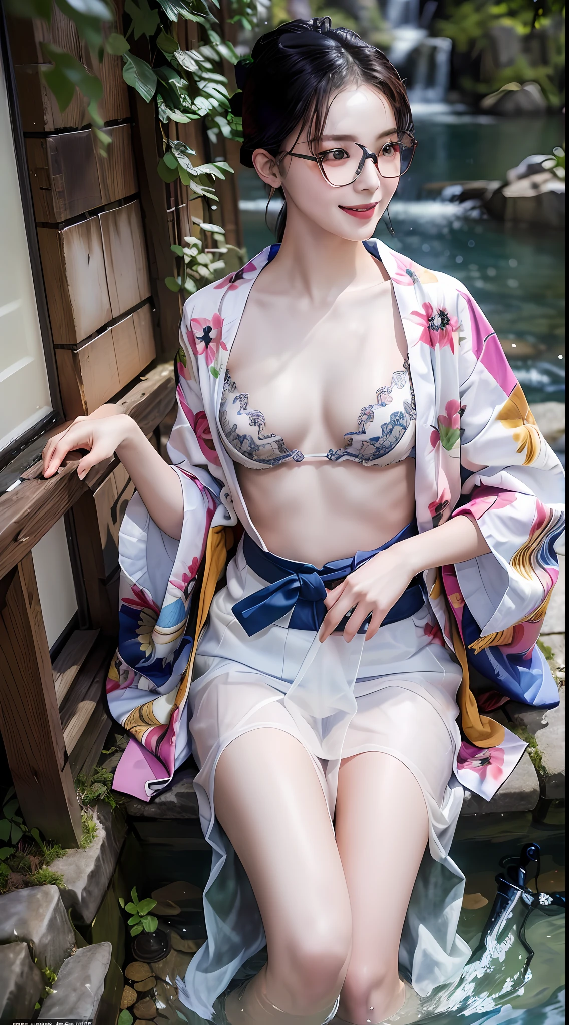 (8K, Best Quality, Ultra High Definition, (Realistic, Photorealistic: 1.4), Smile, Glasses, Look Up, More Human, Japanese, (Small Breasts).1 Girl, 17 years old, Masterpiece, Waterside, Full Body, ((No Bra), (Kimono)), (Soaked,). ((sheer chest)).ponytail