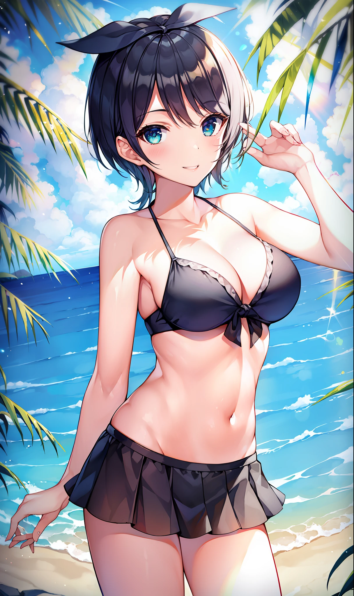 (masterpiece, best quality, 8k, highres:1.2), 1girl, bikini, beach, kind smile, troubled eyebrows,