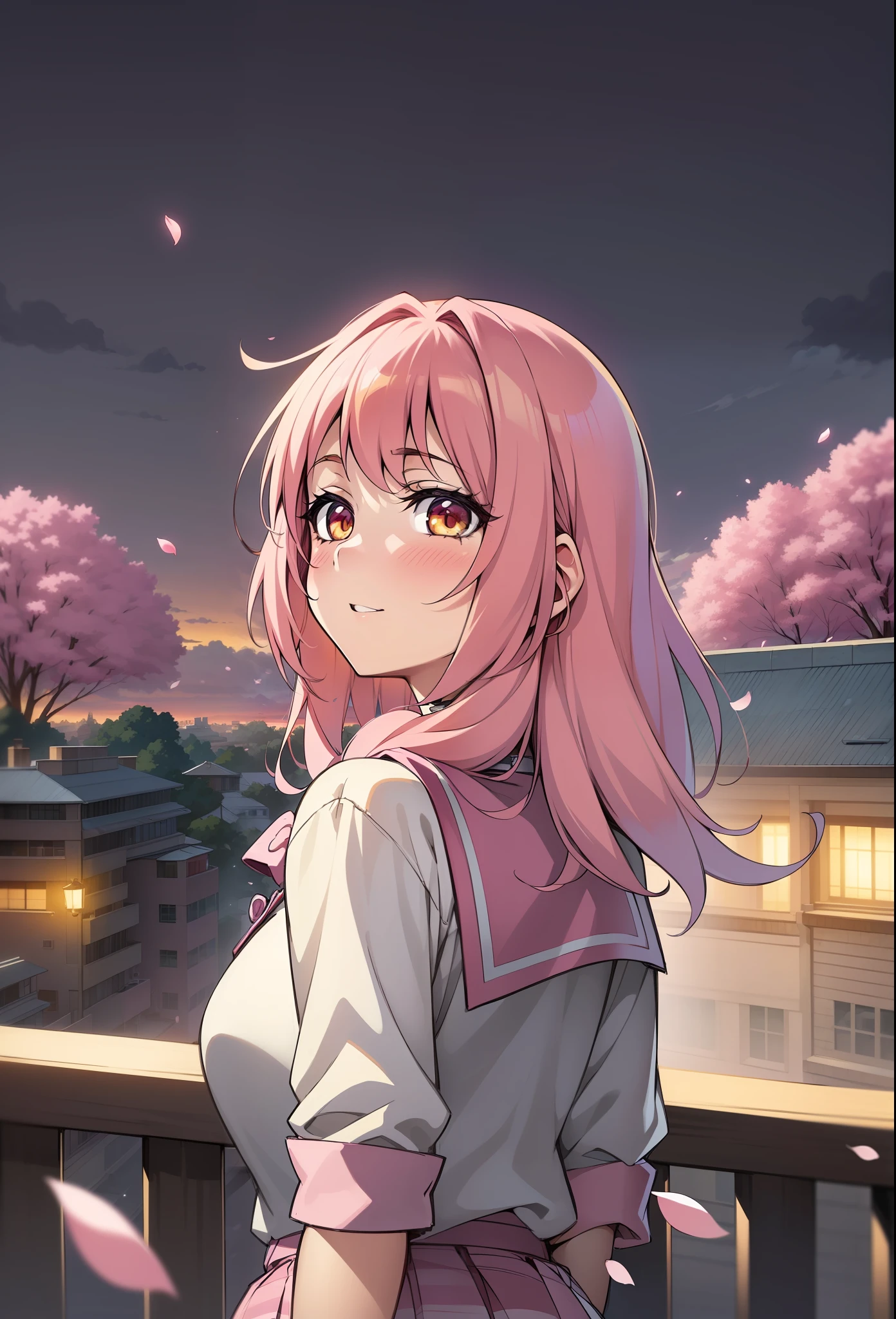 ((Anime style)), ((best quality)), ((masterpiece)), ((HDR+)), (best performance), (best lighting), (a college girl with pink Chanel hair with fringes), wearing a school uniform, in a [college road background on a Sakura tree falling petals], [Wlop], [Takehino Inoue], [Oh! Great]