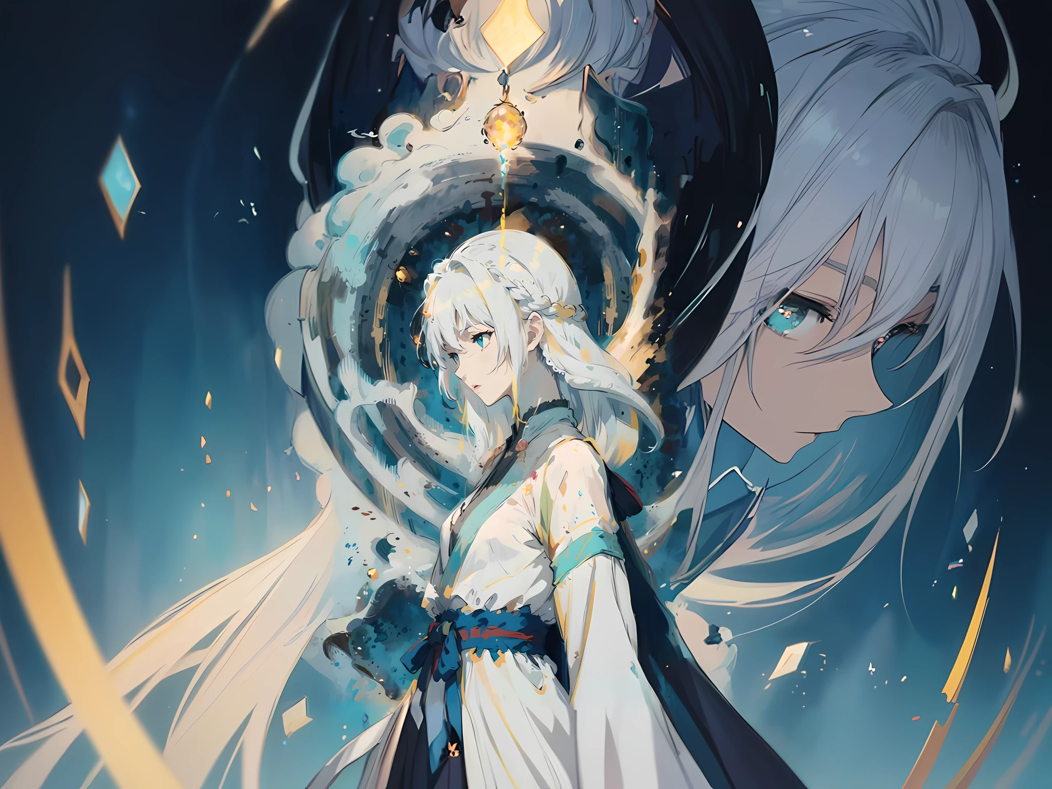 a painting of a woman with white hair and a blue cape, white haired deity, girl with white hair, anime painting, portrait knights of zodiac girl, anime character art, beautiful anime portrait, detailed anime character art, anime style artwork, anime art, clean detailed anime art, trending anime art, trending anime artwork, detailed anime art, portrait of a female anime hero