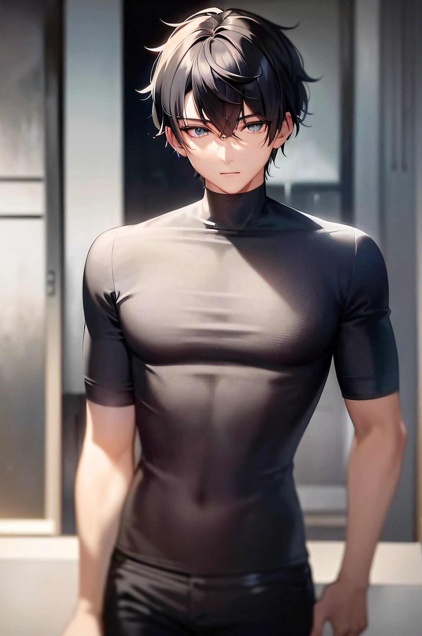 A male, An exquisitely detailed and beautifully rendered CG artwork featuring the epic, blue-eyed protagonist Gojou Satoru gazing directly at the viewer while standing at the deserted warehouses, (black hair:1.2), black T-shirt, (abandoned chemical plants:1.2), (the loneliness of a future world:1.2), tight shot, The upper part of the body, Face Shot, Cold light, gray, styled with a captivating hairdo, accentuated with bangs and hair between eyes,    highlighting his distinctive and stylish black and short hair, This dynamic composition expertly showcases his strong male focus, in a manner that captivates and intrigues viewers