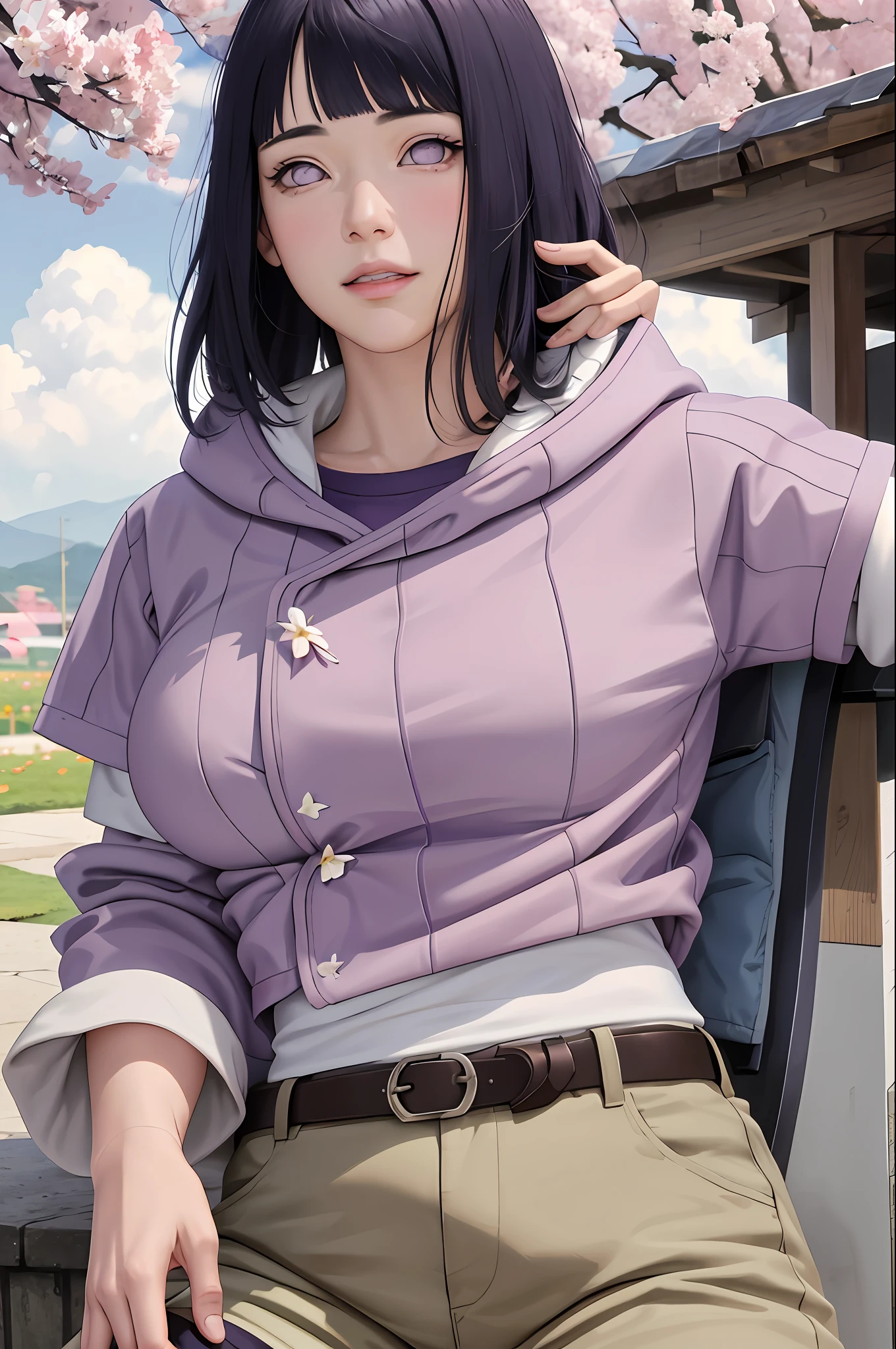 masterpiece, absurdres, hinata\(boruto\), 1girl, solo,mature female, purple hoodie,layered sleeves, brown pants, outdoors,lavender flower field, looking at viewer, (falling petals), cloudy sky, perfect composition, detailed lips, big breast, beautiful face, body propotion, blush, (pink lips), long hair, purple eyes, soft gaze, sad smile, super realistic, detailed, photoshoot, realistic face and body, realistic hair, realistic eyes, realistic nose, realistic lips