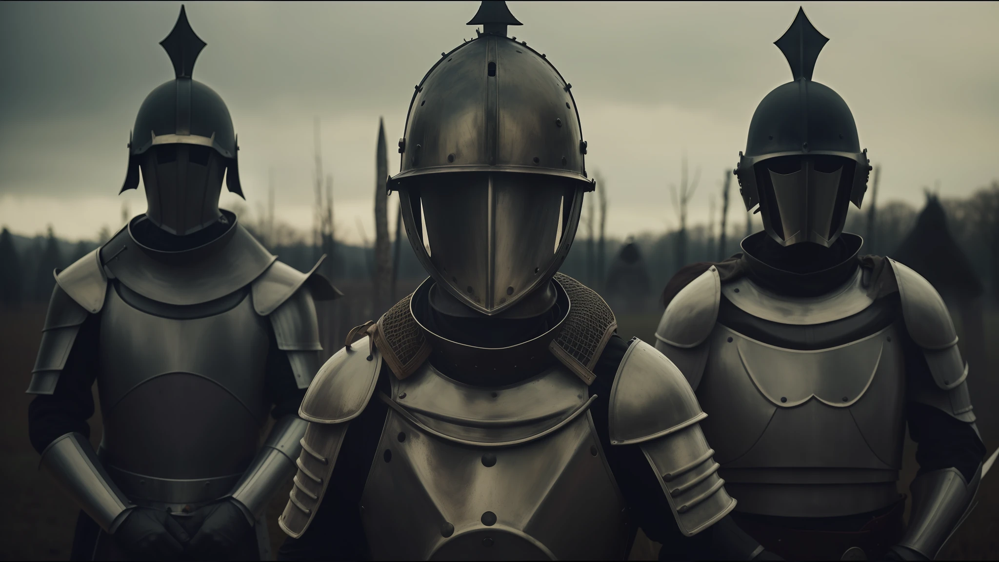 three men in armor and closed helmet standing in a field with trees in the background, close-up of vfx film, inspired by Santiago Caruso, style of john kenn mortensen, sacred crusader, riot shields, by Ferdynand Ruszczyc, minimalist and elegant design armor style, inspired by Stanisław Masłowski