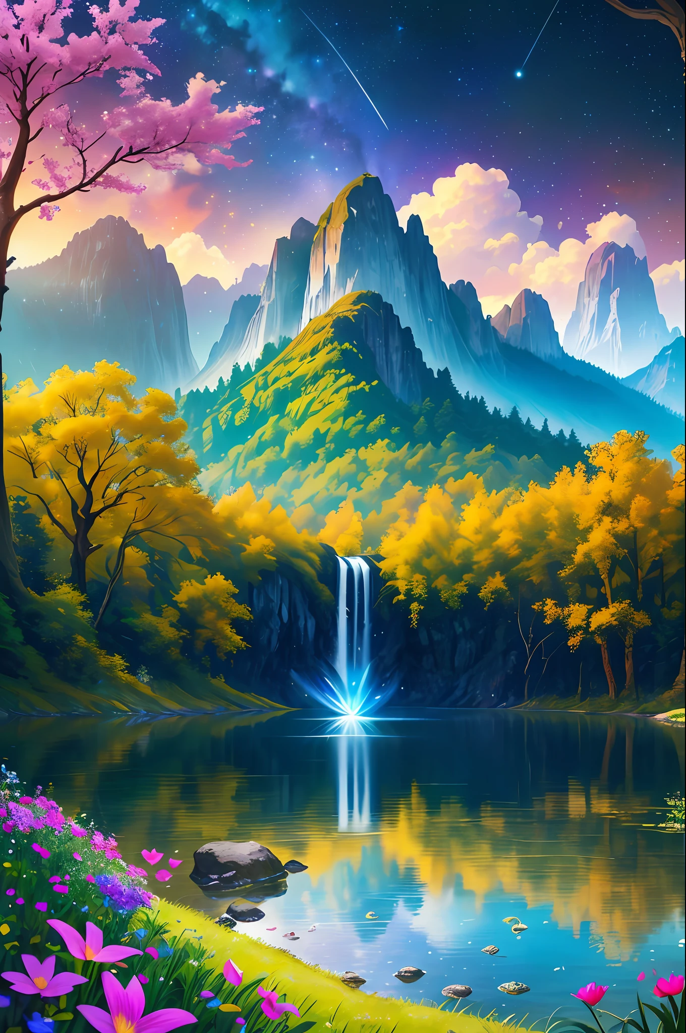 Masterpiece, best quality, high quality, extremely detailed CG Unity 8K wallpaper, an extremely colorful and purely fantasy environment with vibrant tones and a bright night sky, sky full of stars, landscape of bright green grass, colorful trees, bright fruits and bright bright blue flowers. The streams are a deep shade of black, and the air is filled with sweet exotic aromas. The environment seems to be taken from a dream, with luminescent butterflies and giant colorful birds flying around, award-winning photography, bokeh, depth of field, HDR, bloom, chromatic aberration, photorealistic, extremely detailed, trend in ArtStation, trend in CGSetivity, intricate, high detail, dramatic, art through travel. Add within the image, the following text: Psalm 147:4 says, "He counts the number of the stars; call them all by their names." This verse highlights the power and greatness of God, who is able to count and name all the stars. It demonstrates God's knowledge and care for all creation. It is a reminder that God is infinitely wise and powerful, able to control and govern every detail of the universe.