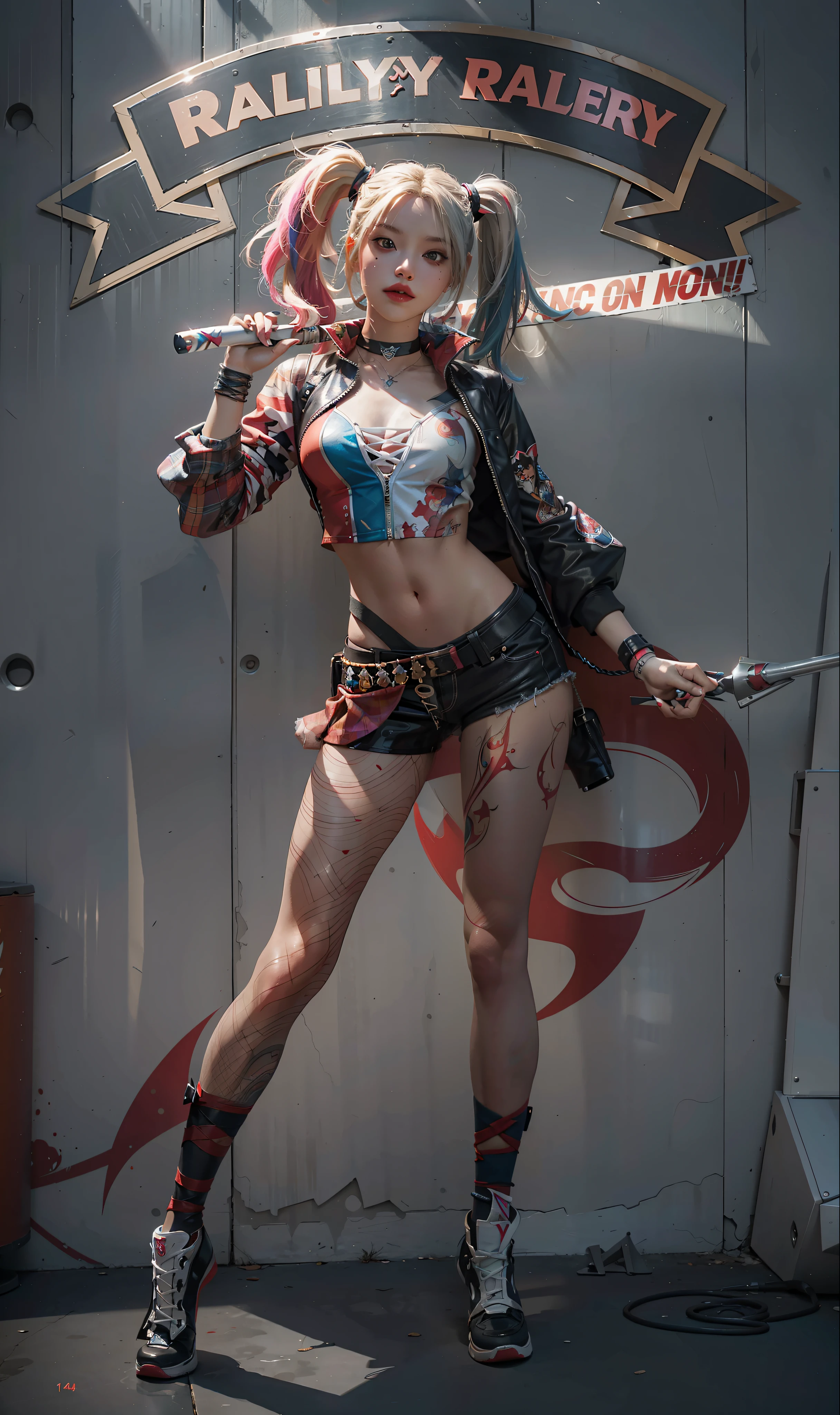 Best Quality, Masterpiece, Ultra High Resolution, (Photorealism: 1.4), Original Photo, 1girl, Harley is a Female Character in a Comic Book, Harley Queen, Harley Quinn, Extremely Detailed Artgerm, Rossdraws 1. 0, rossdraws 2. 5, artgerm colorful!!!, artgerm comic, artgerm and rossdraws, artgerm style, rossdraws 2. 0, style artgerm, ross tran!!!