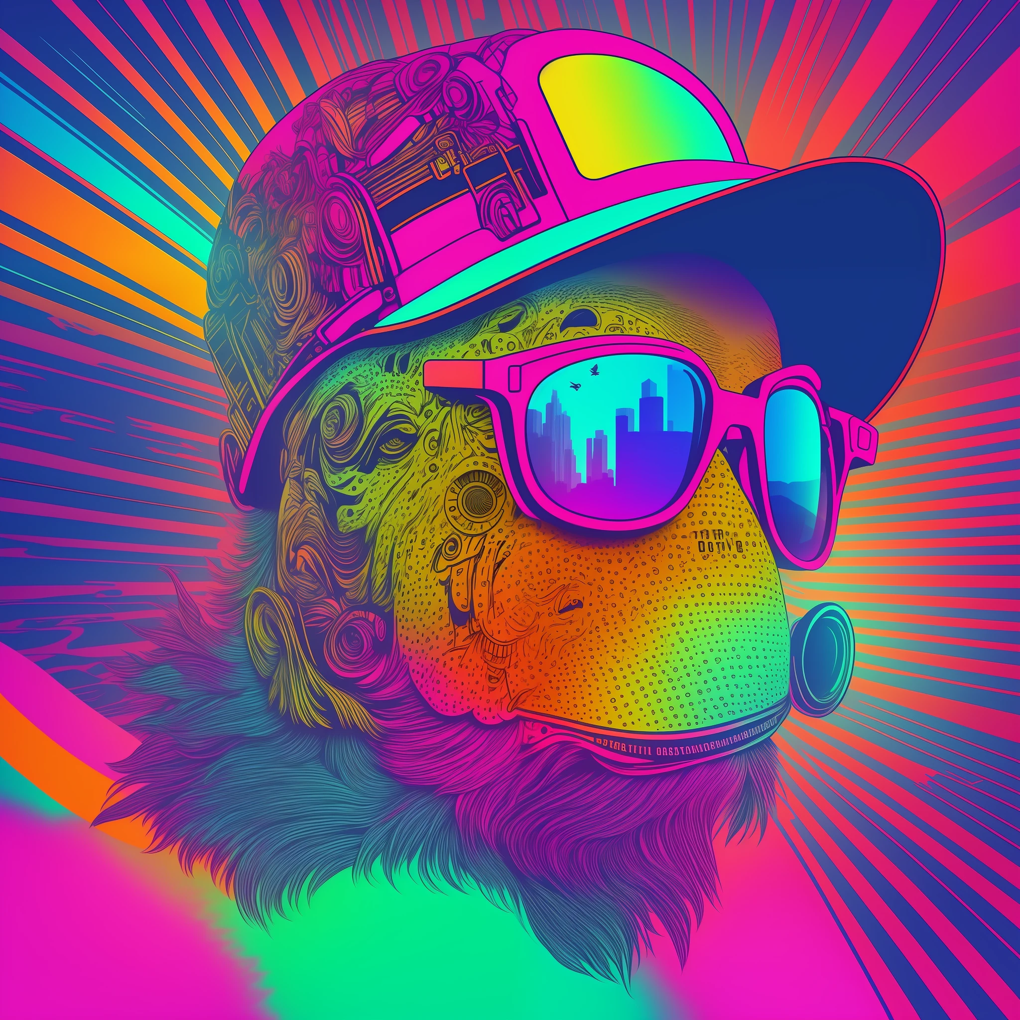 A stylized 2D illustration in the round style of the face in close-up of a T-Rex wearing sunglasses and a hat, on a rainbow background. The image evokes the synthwave art style of the '80s, with touches of retro-futuristic alien technology. The scene is a unique blend of hyperbeast design and retro-wave vibes, creating a masterpiece that combines elements of the vaporwave style with the nostalgic charm of the past.