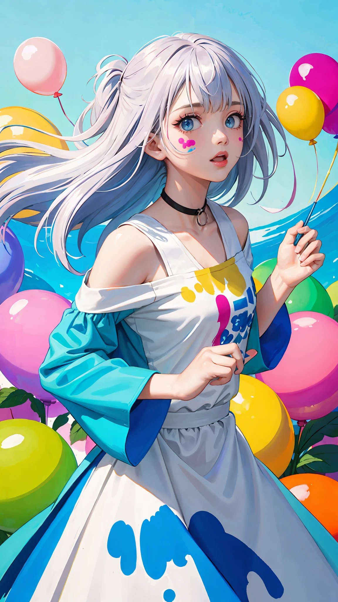 (Pink Fashion T-shirt: 1.9), (Colorful Hair: 1.8), (All Colors of the Rainbow: 1.8), ((Vertical Paint: 1.6))), (Painting: 1.6), Landscape, Cartoon, Illustration, Painting, Big Eyes, Crystal Clear Eyes, (Iridescent Gradient, Semi-Long 1.7), Exquisite Makeup, Open Mouth, (Small Fresh: 1.5), (Wipe Chest: 1.6), Long eyelashes, green off-shoulder t-shirt, white shoulder shirt, looking down, big watery eyes, (iridescent hair: 1.6), Color Splash, (Solo: 1.8), Color splash, Color explosion, Thick paint style, Messy lines, ((Glowing)), (Colorful), (Colorful), Colorful, Colorful, Chic paint style, (Splash) (Color splash), Vertical paint, Upper body, Paint splash, Acrylic pigment, Gradient, Paint, Best quality, Best quality, Masterpiece, Solo, Depth of field, Face paint, Retro clothing, (Pop: 1.2), Elegant,Long hair, Wind, (Elegant: 1.3), (Petals: 1.4), (Masterpiece)))), (Best Quality))), ((Ultra Detailed)), (Illustration), ( Dynamic Angle), ((Floating)), (Paint), (disheveled hair)), (Solo), (1 girl), (Detailed anima face))), (Beautiful detailed face)), Collar, Bare shoulders, Gray hair, (((Colorful hair)), ((Polka dot hair)), Beautiful detailed eyes, (Gradient colored eyes), (Colorful eyes)), (High Saturation))))), (( (surrounded by colorful balloons))),