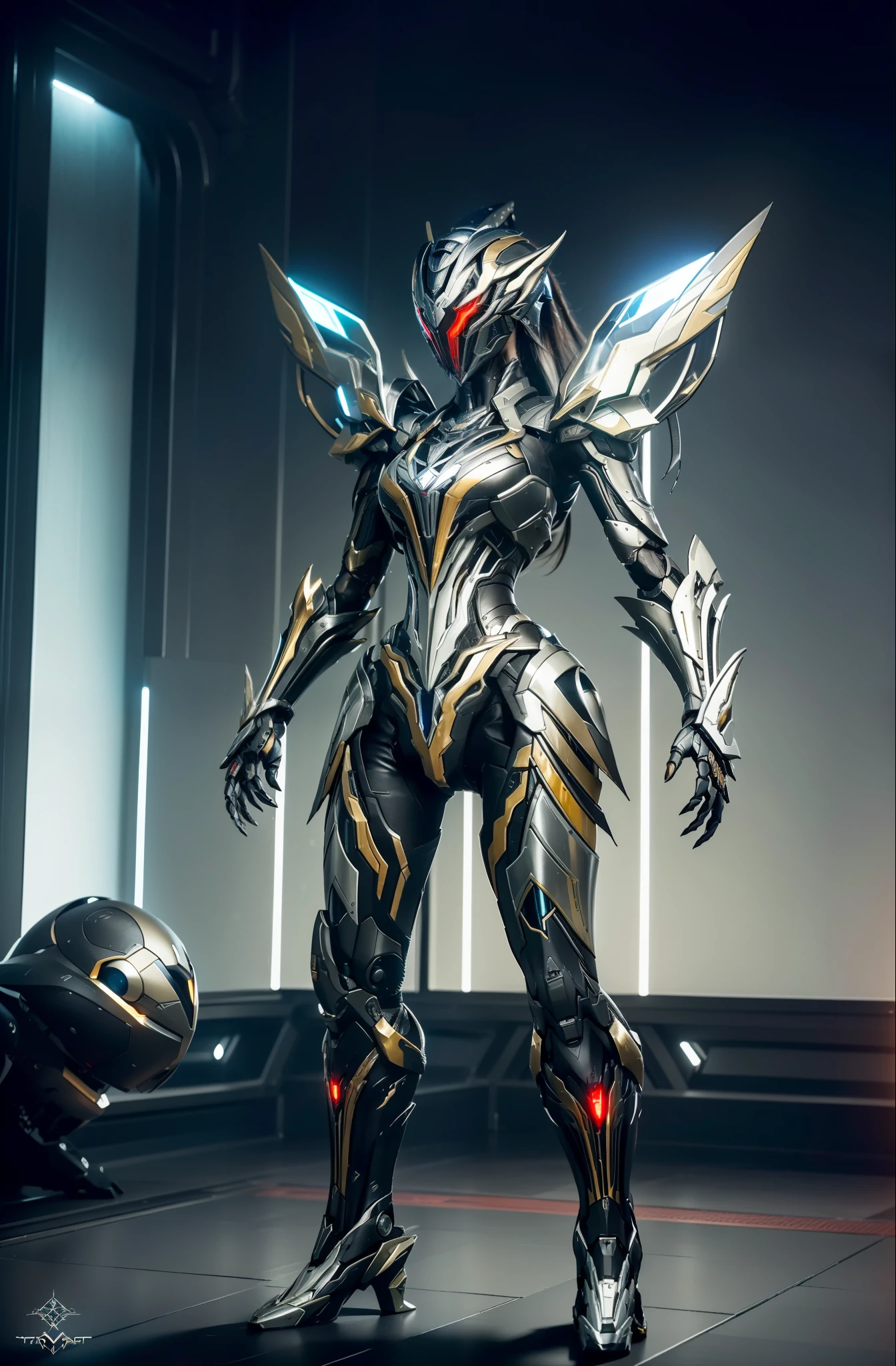 1 japanese, WARFRAME, prime,rhino prime,volt prime,saryn prime dynamic pose, intricate pattern, heavy metal, energy lines, faceless, glowing eyes, long silver hair, wind blown hair, elegant, intense, blood red and black uniform, bloody wings, solo, desert, sunny, bright, claws, dramatic lighting, (masterpiece:1.2), best quality, high resolution, beautiful detailed, extremely detailed, perfect lighting, zhongfenghua, from below ((best quality)), ((masterpiece:1.2)), (extremely detailed:1.1), (8k, high quality, cinematic, hyper realistic, illustration, letterbox), (autodesk maya, vray render, ray tracing, hdr), (16mm focal length, f/4 aperture, dynamic perspective, deep depth of field), (3D model, full body, (giant female stylized mecha with large glass cockpit and beautiful female inside), standing solo, dynamic pose, brutal robotic armor, stickers, stylized paint scheme, leds, japanese tech, samurai, cyberpunk rooftop background at night), (nighttime), (hdri:0.35, bloom:0.25, rim lighting, soft lighting, low key), dark theme:0.66, futobot confident,
