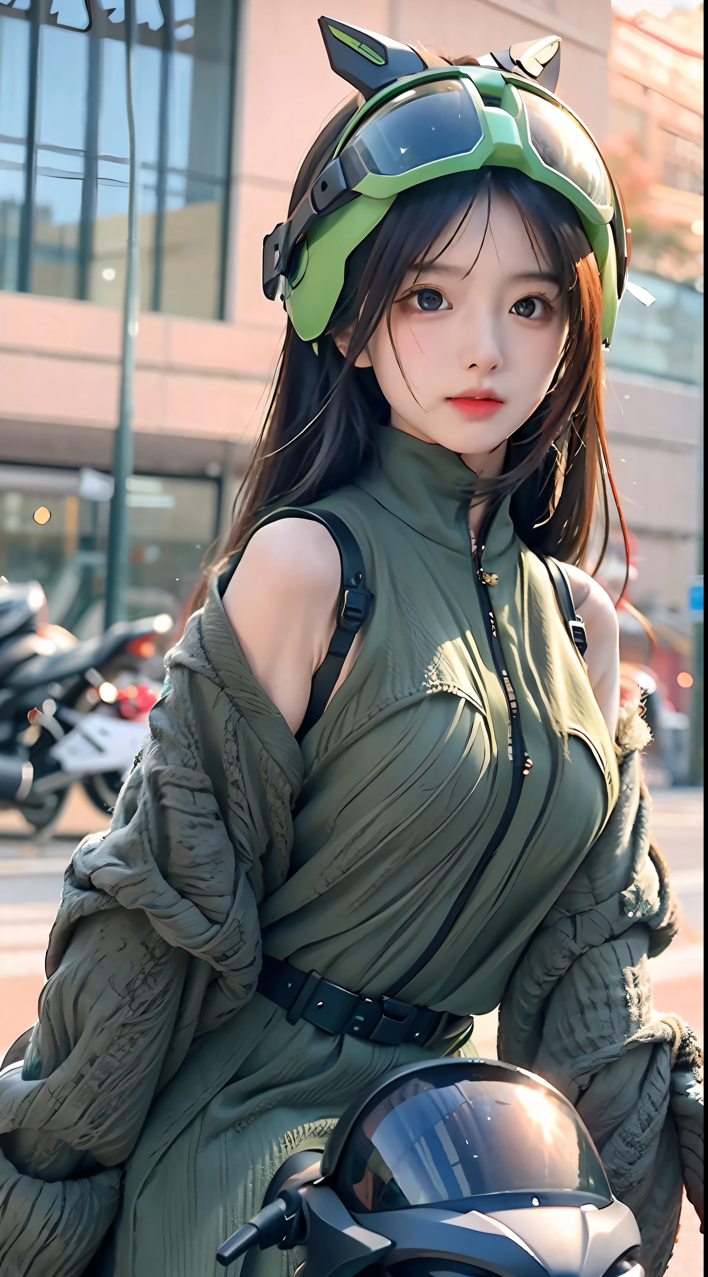 Highest image quality, outstanding details, ultra-high resolution, (realism: 1.4), the best illustration, favor details, highly condensed 1girl, with a delicate and beautiful face, dressed in a black and green mecha, wearing a mecha helmet, holding a directional controller, riding on a motorcycle, the background is a high-tech lighting scene of the future city.