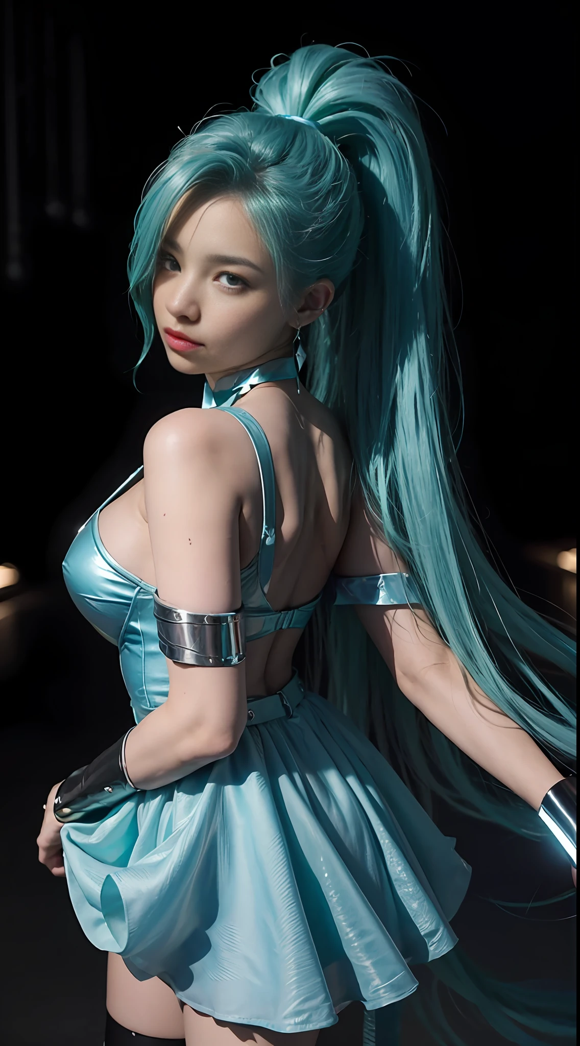 Sky, Field, Wheat, K/Da All Out Seraphine), League of Legends, K/Da \ (League of Legends), 1Girl, Solo, Aqua Green Hair, Gradient Hair, Blue Eyes, Lips, Long Hair, Long Ponytail, Ponytail, Earrings, Jewelry, Armbands, Bracelet, Ice Wing, Blue Dress, Layered Clothes, Black Skirt, One Shoulder Off-the-Shoulder, Cleavage, Stockings, Look to the Audience, Shoot from Above, Look at the Audience, Good Looking Breasts, Cleavage